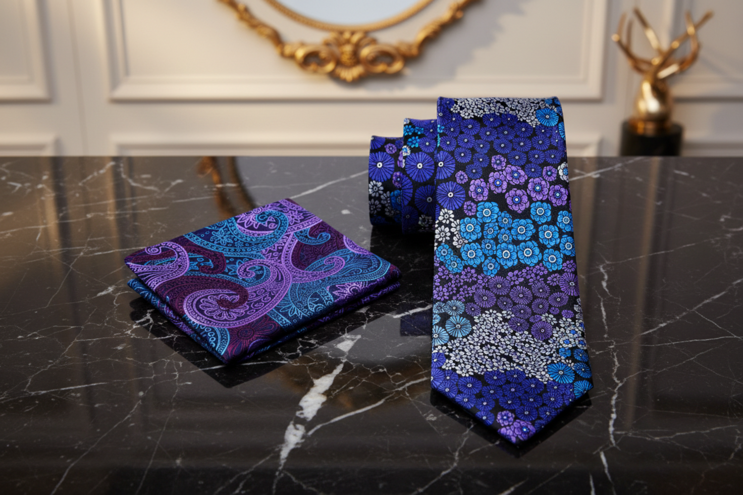 Alt View: Blue, Purple and White Flowers Necktie and Accenting Blue and Purple Paisley Square