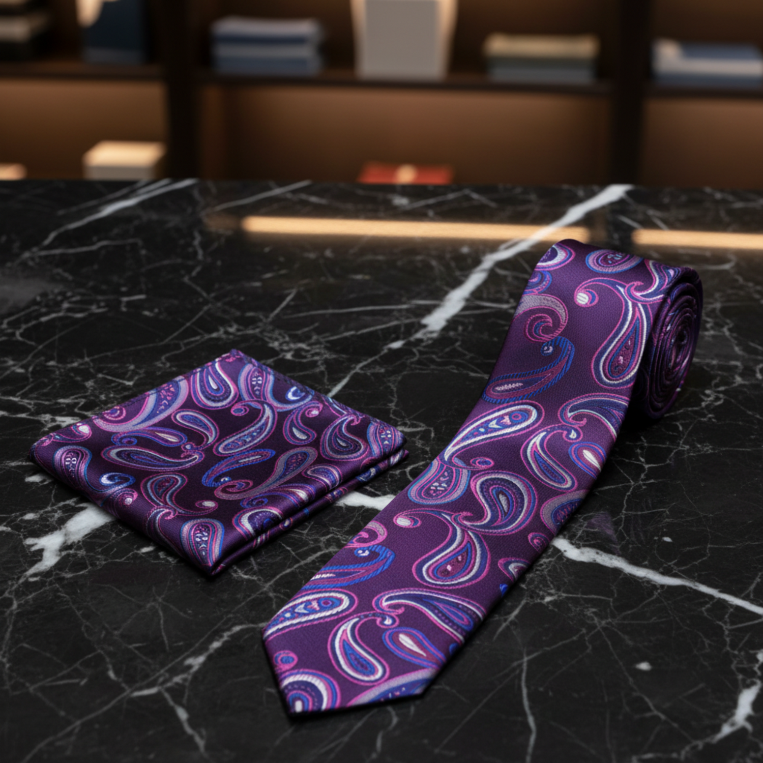 A purple paisley necktie and matching pocket square set, displayed on a clean white background.