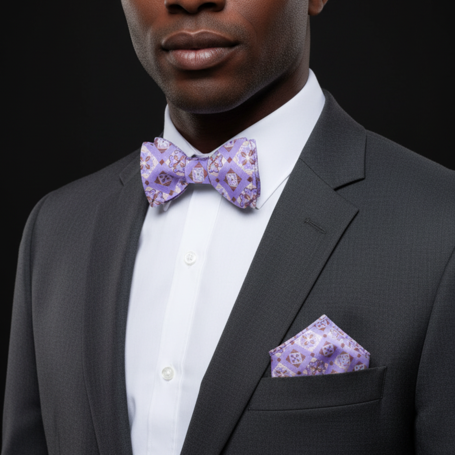 Light Purple and Brown Geometric Bow Tie and Square