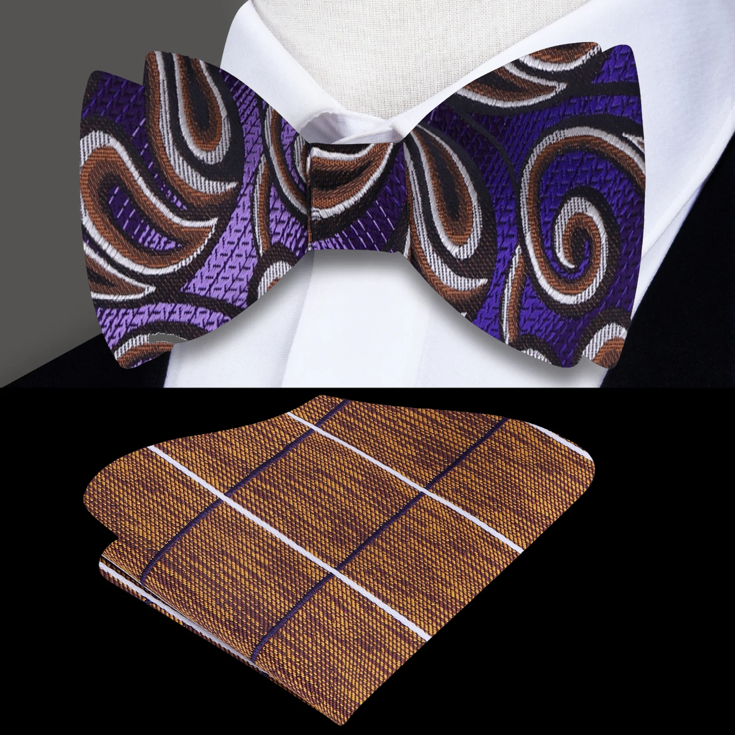 A Purple, Brown Paisley Pattern Self Tie Bow Tie, Accenting Pocket Square