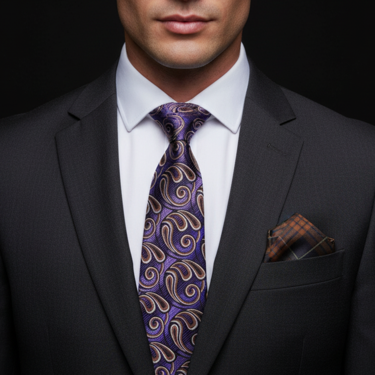 Man wearing a dark suit with a purple paisley tie and brown pocket square on a black background