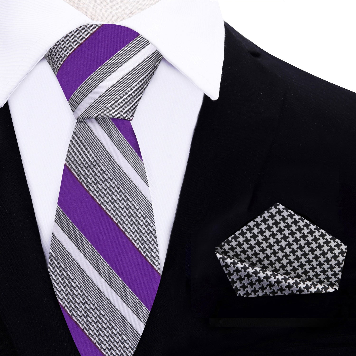 Thin Purple White Black Cardano Stripe Necktie and Accenting Square 2