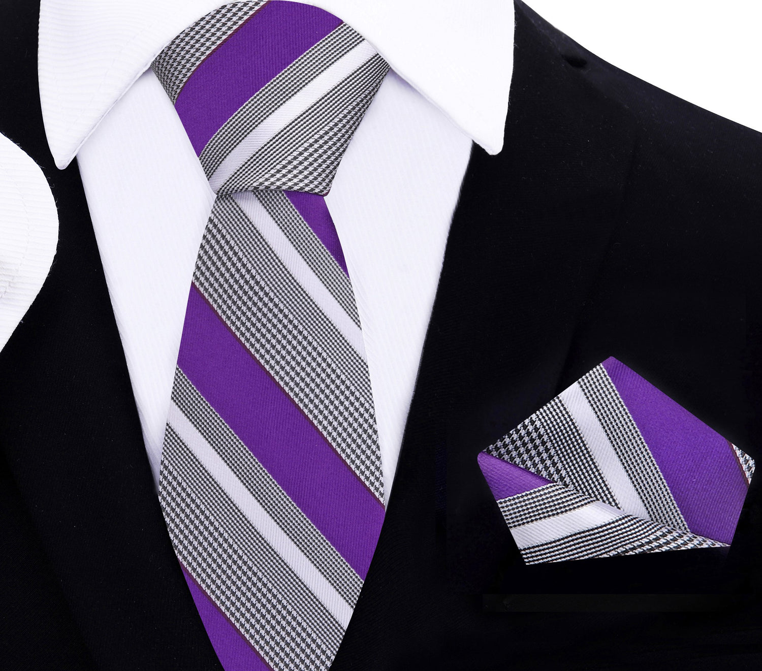 Thin Purple White Black Cardano Stripe Necktie and Matching Square