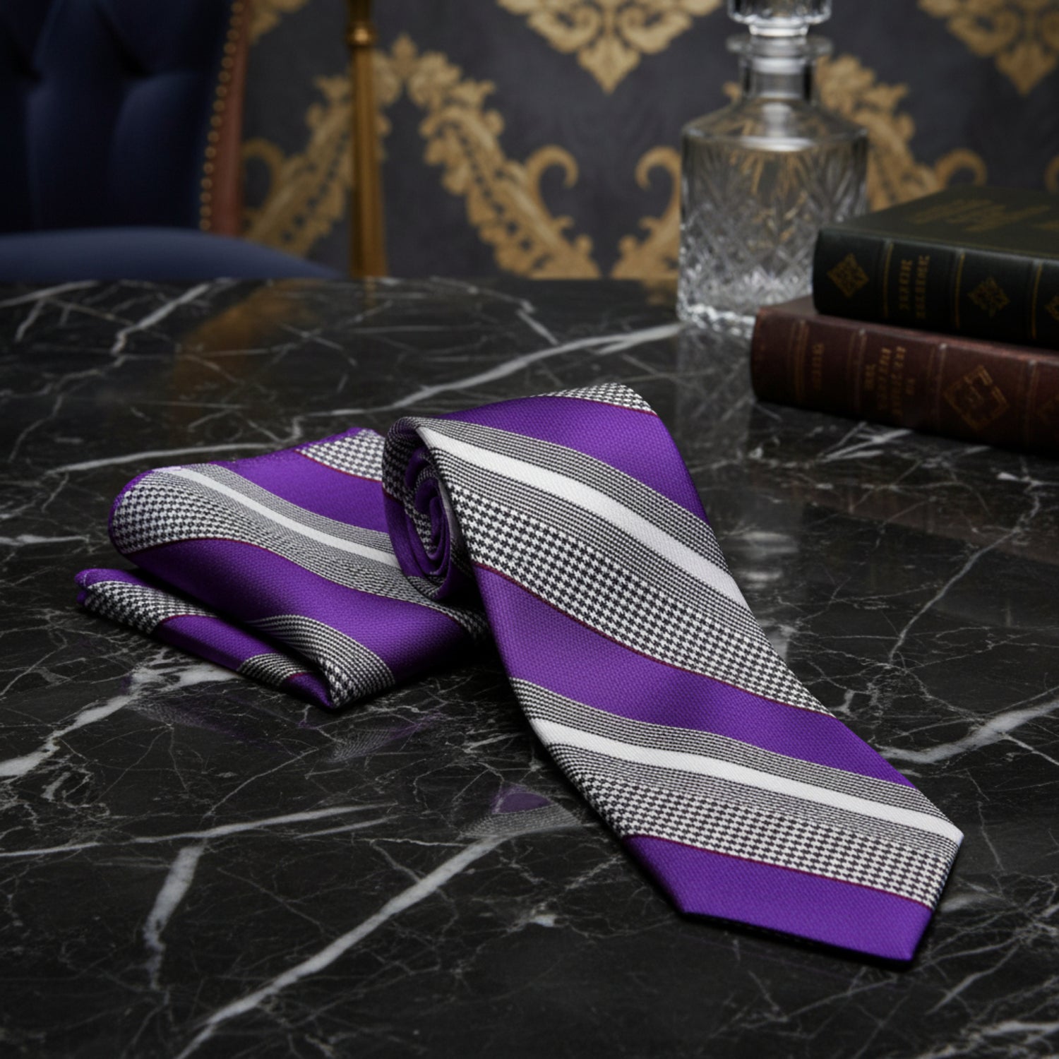 Alt Purple White Black Cardano Stripe Necktie and Matching Square