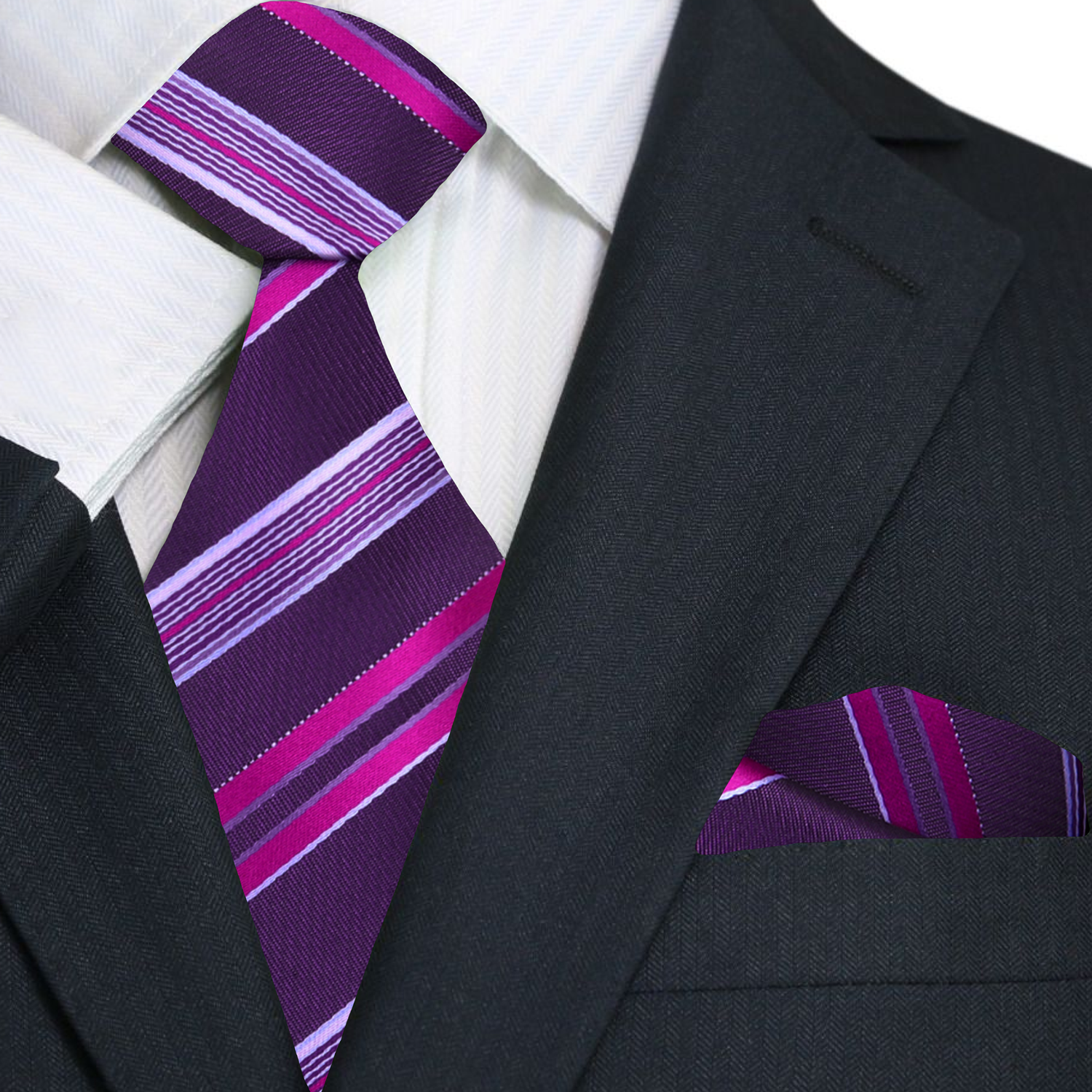 Purple striped tie and pocket square set on a suit jacket