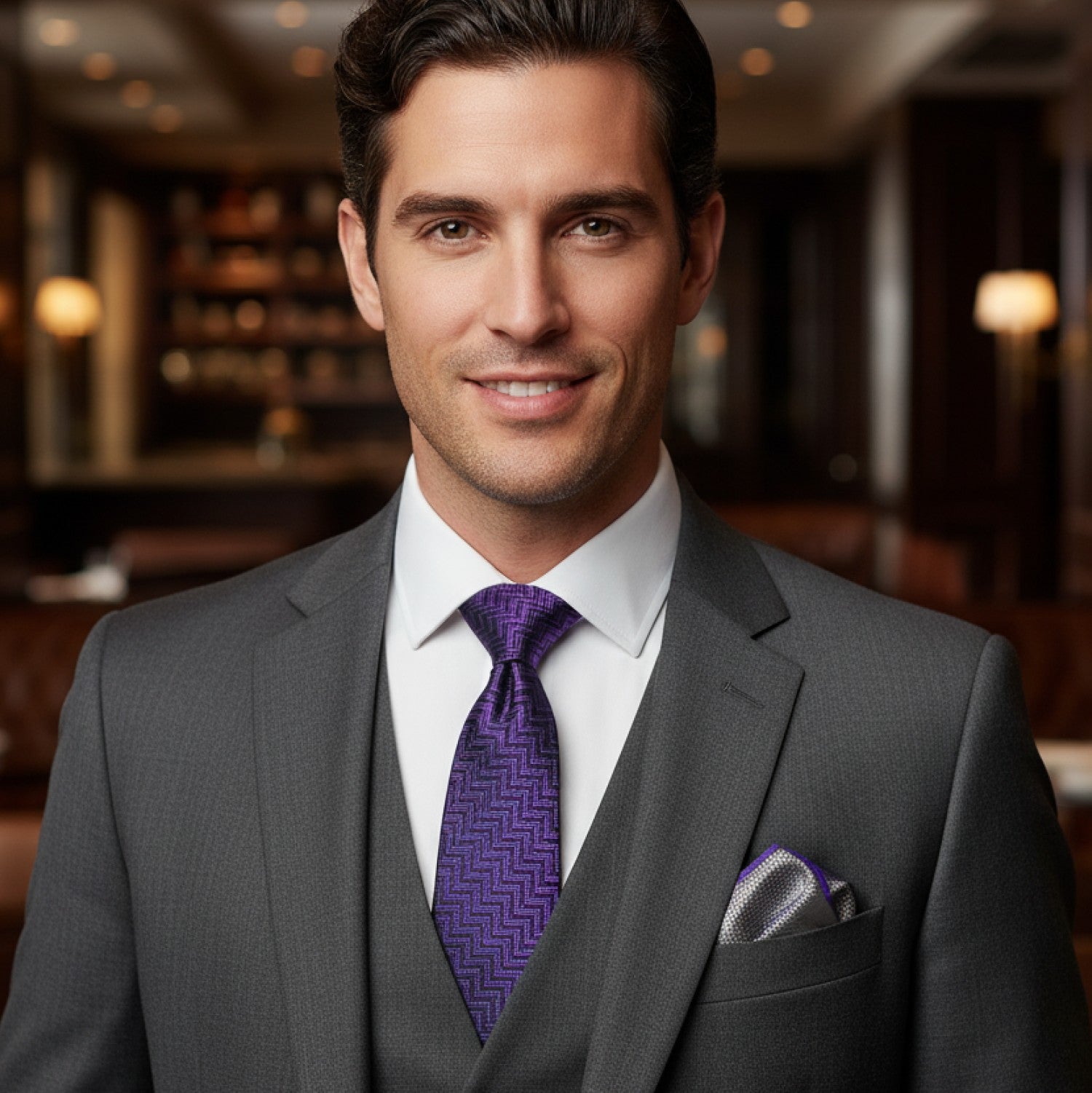 Man wearing a gray suit with a purple tie in an indoor setting