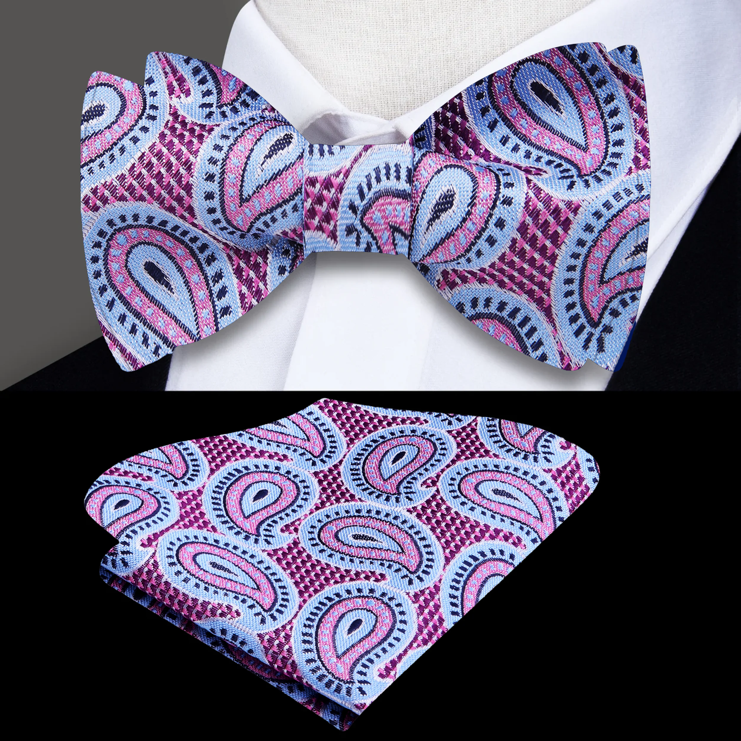 A Light Blue, Purple Paisley Pattern Self Tie Bow Tie, Matching Pocket Square