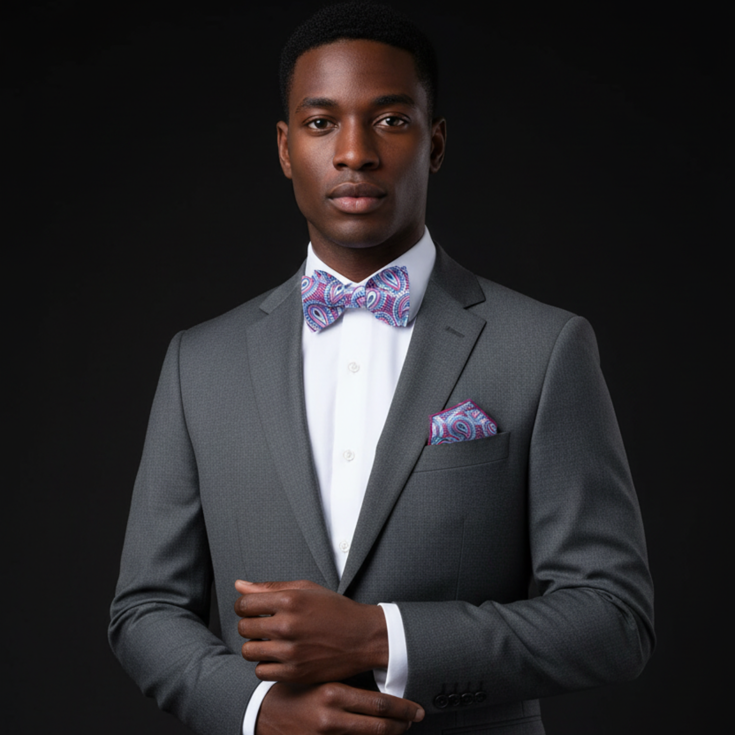Man wearing a gray suit with a patterned purple paisley bow tie and pocket square on a black background