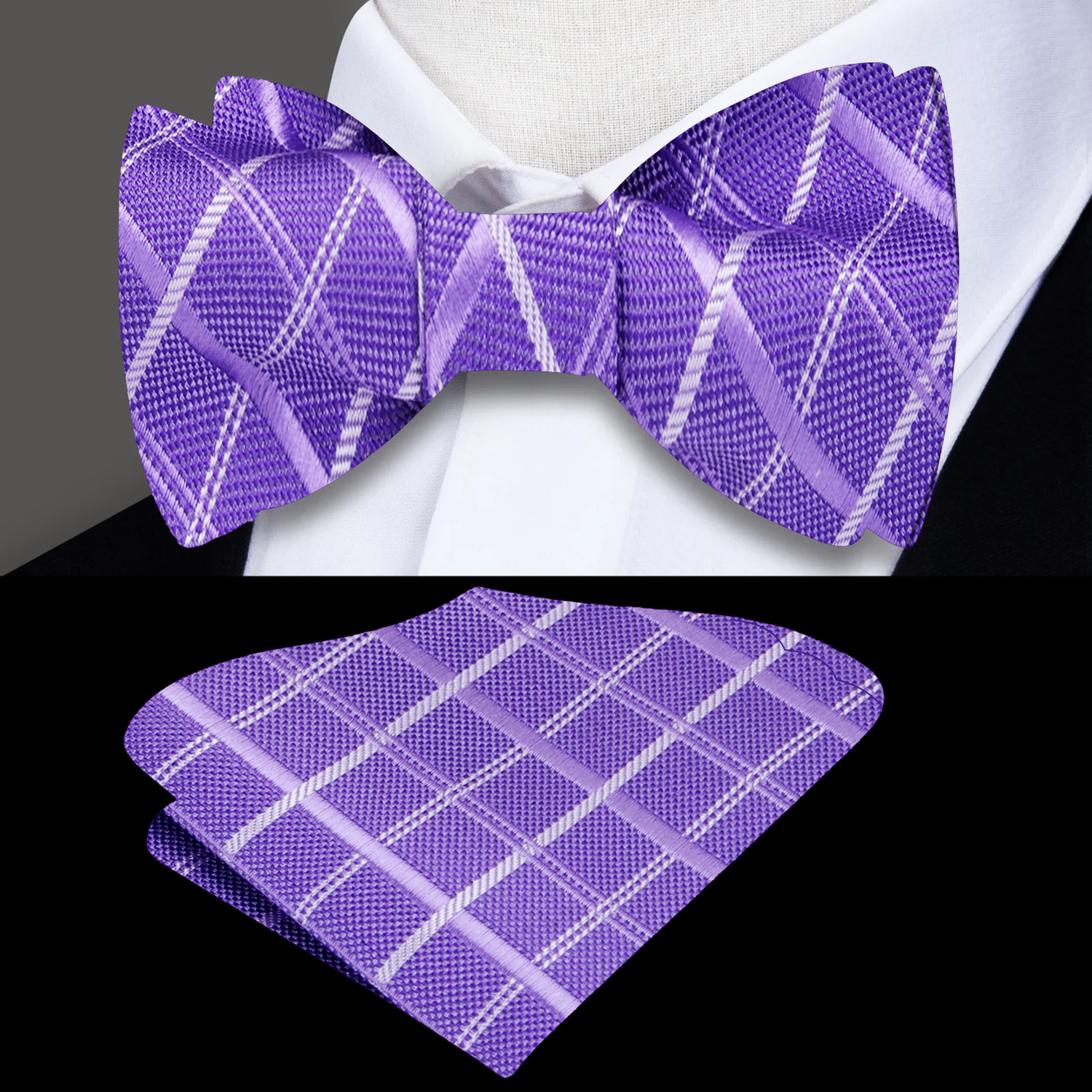 Main: A Purple Geometric Diamonds Pattern Self Tie Bow Tie, Matching Pocket Square