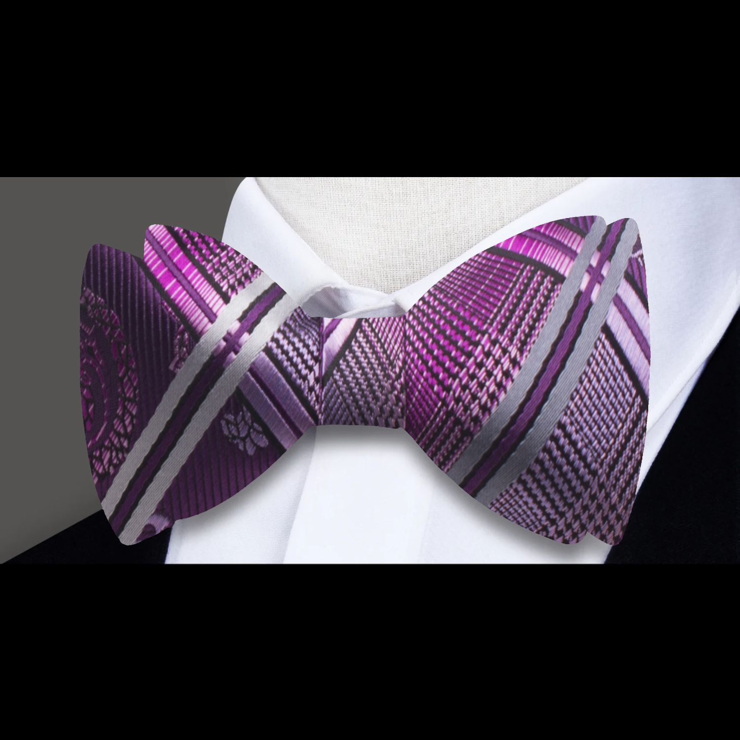 Main: A Purple Geometric and Paisley Pattern Bow Tie