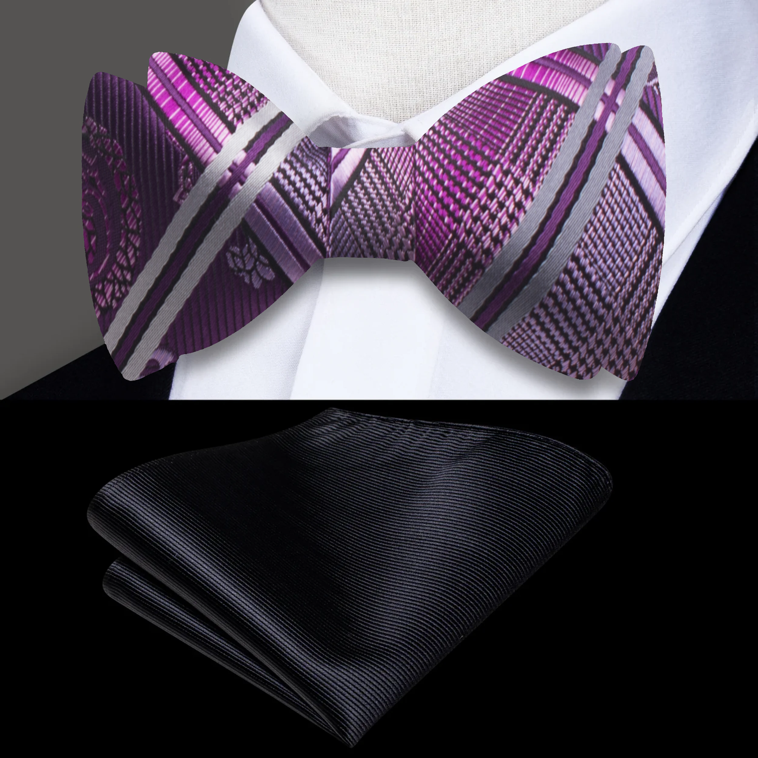 A Purple Geometric and Paisley Pattern Self Tie Bow Tie, Black Pocket Square