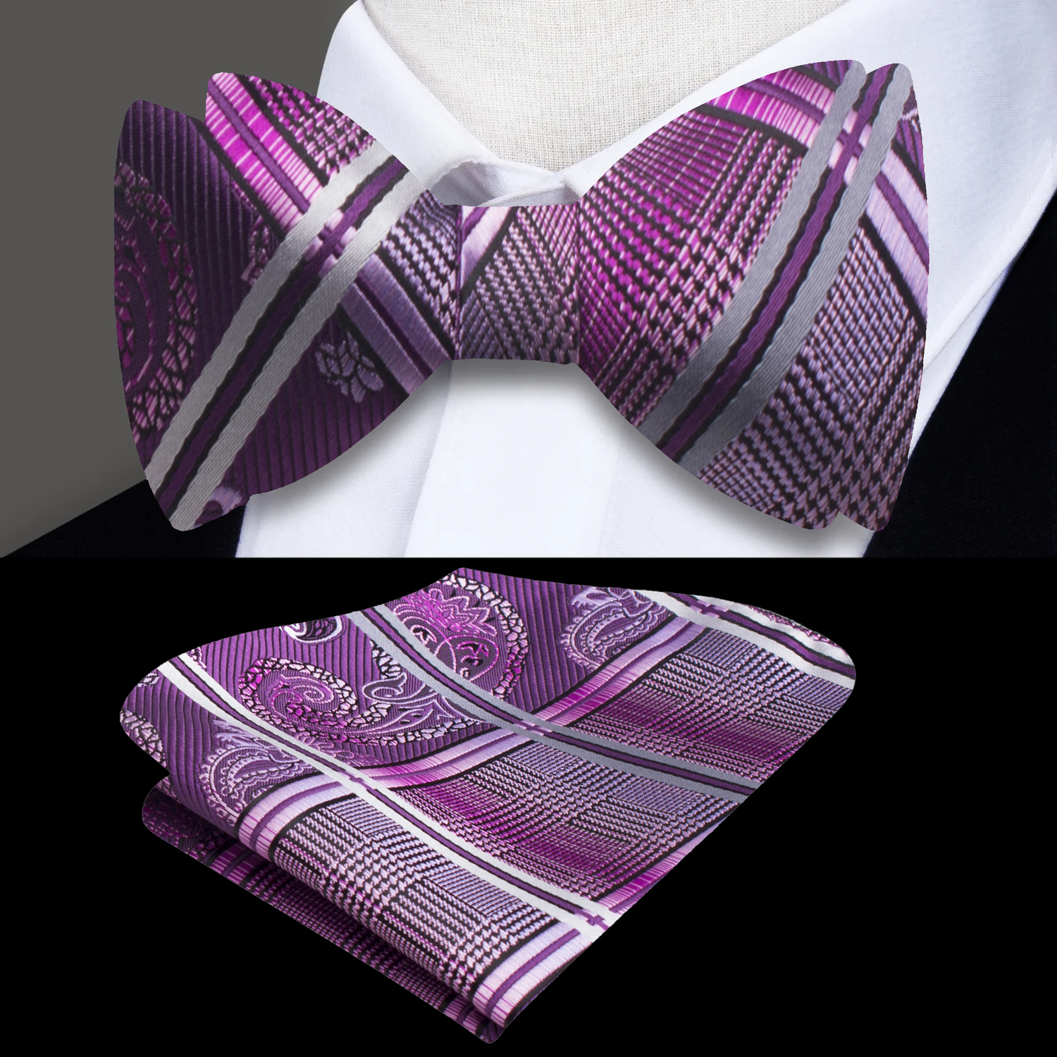 Main: A Purple Geometric and Paisley Pattern Self Tie Bow Tie, Matching Pocket Square