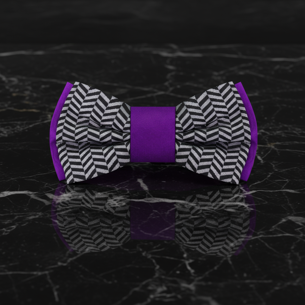 View 2 Single: Purple, Black, Grey Crosshatch and Solid Double Sided Bow Tie 