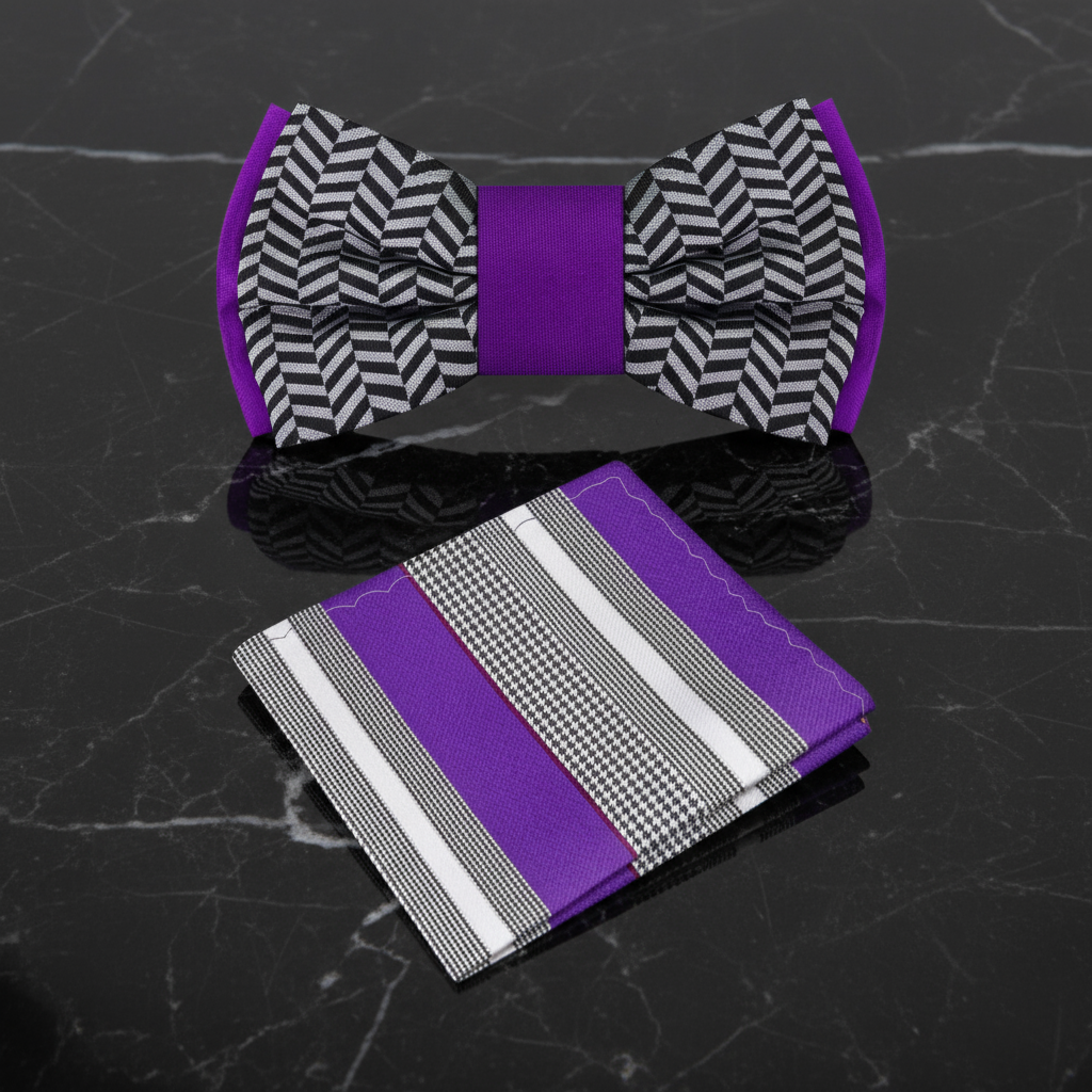 Purple, Black, Grey Crosshatch and Solid Double Sided Bow Tie and Grey, Purple, Black, White Stripe Square