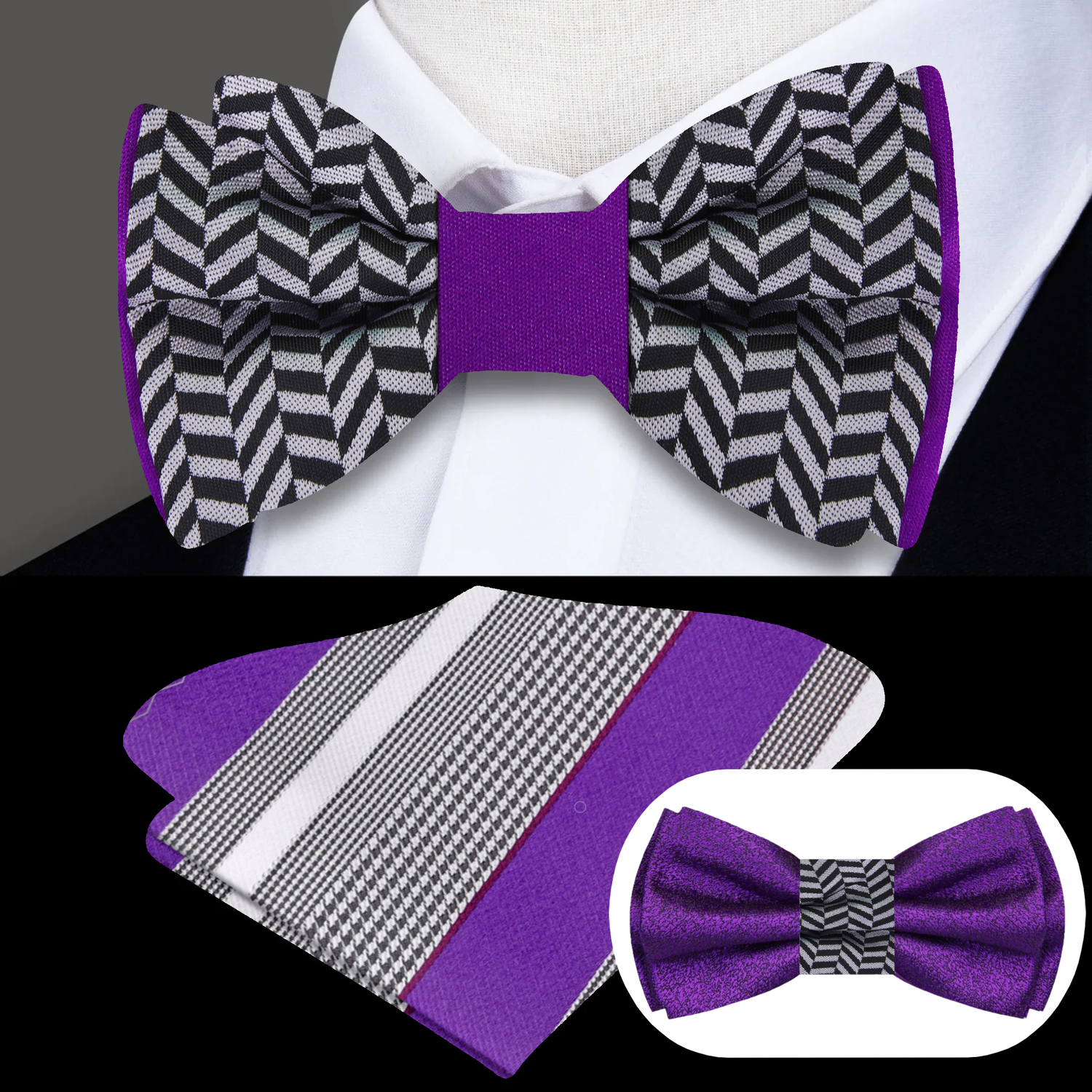 Two double-sided bow ties, one with a grey crosshatch pattern and the other with a solid purple color, labeled Side 1 and Side 2 respectively.