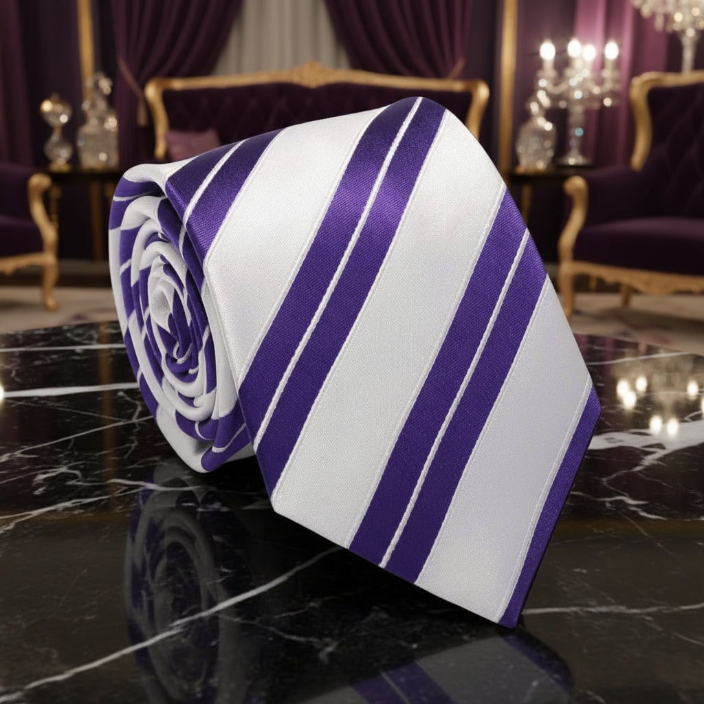 Purple and white striped tie on a dark surface with a formal setting in the background
