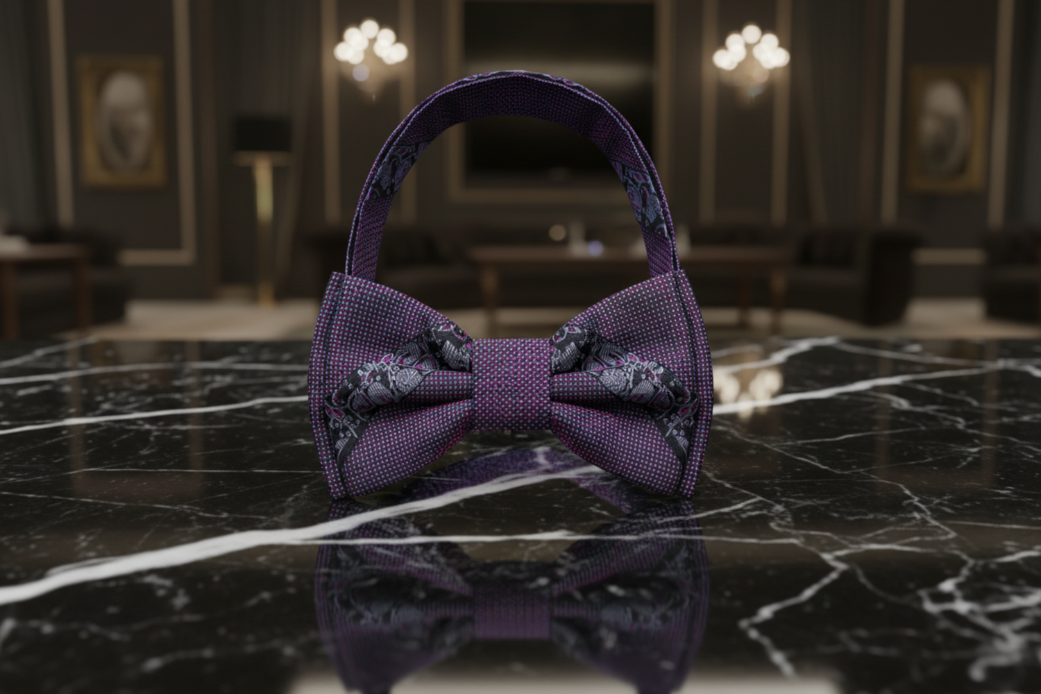 A Metallic Purple, Black Color With Intricate Floral Pattern Kids Pre-Tied Bow Tie
