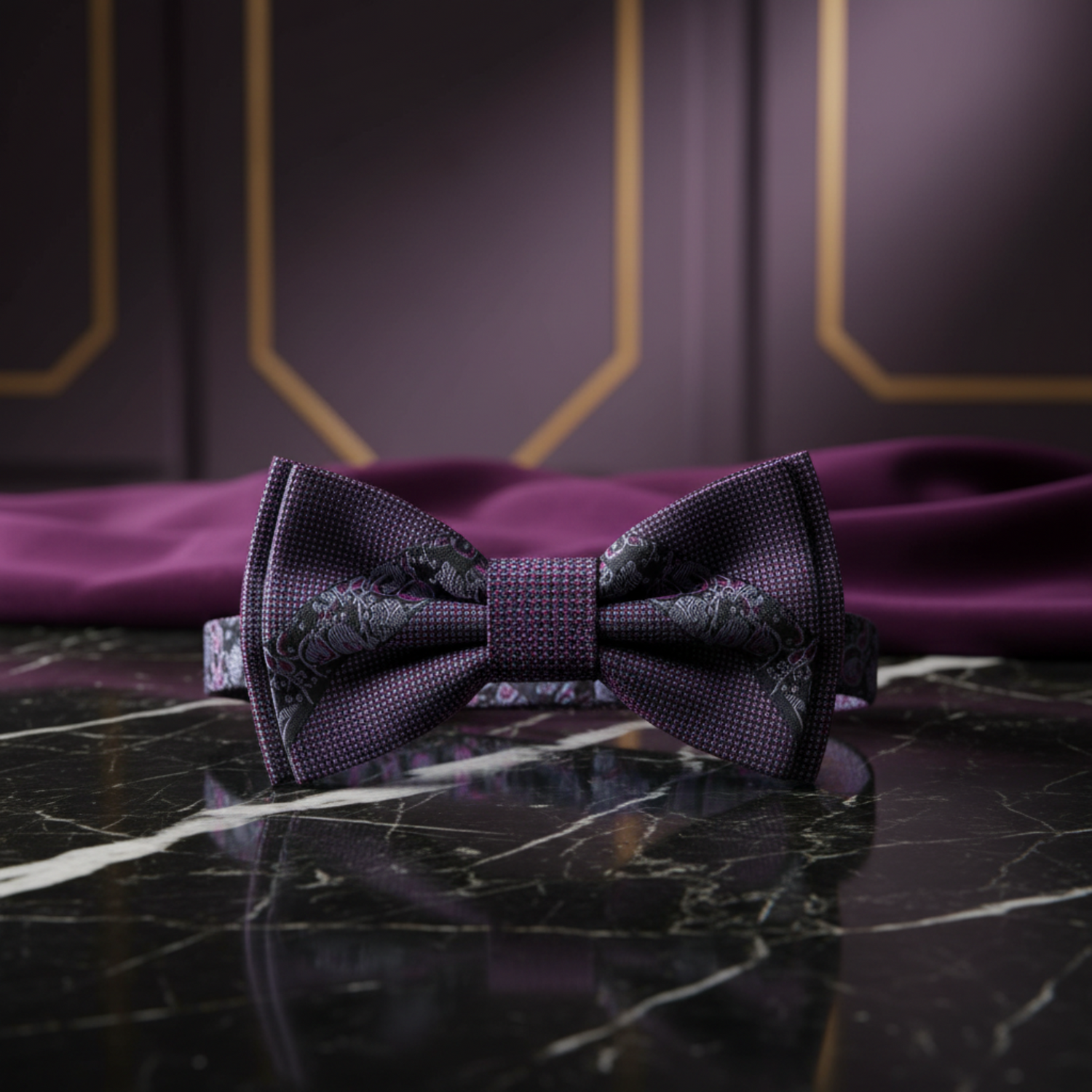 Metallic Purple Black Floral Bow Tie  Pre Tied