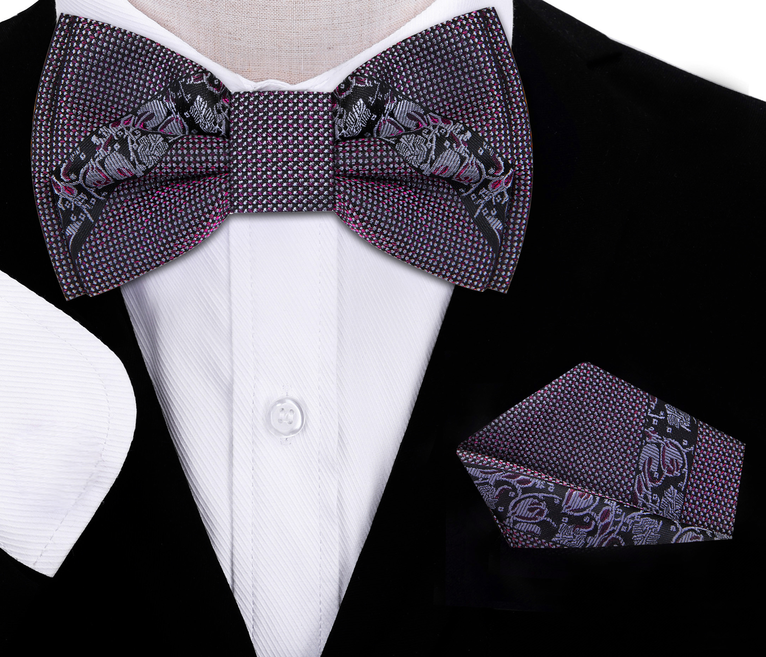 A Metallic Purple, Black Color With Intricate Floral Pattern Kids Pre-Tied Bow Tie, Matching Pocket Square On Suit