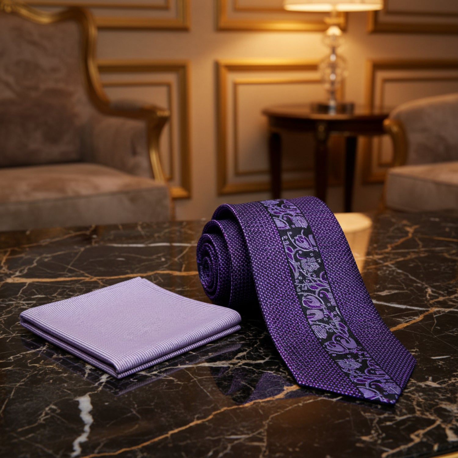 Alt View: Metallic Purple Floral Necktie with Accenting Square