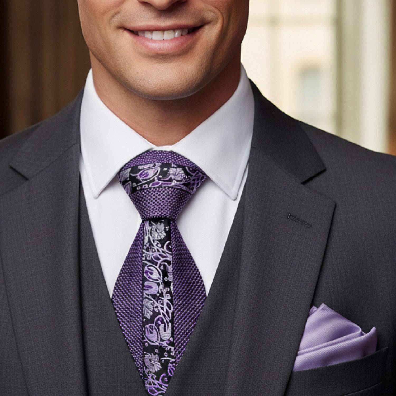 Metallic Purple & Black Floral Checkered Necktie