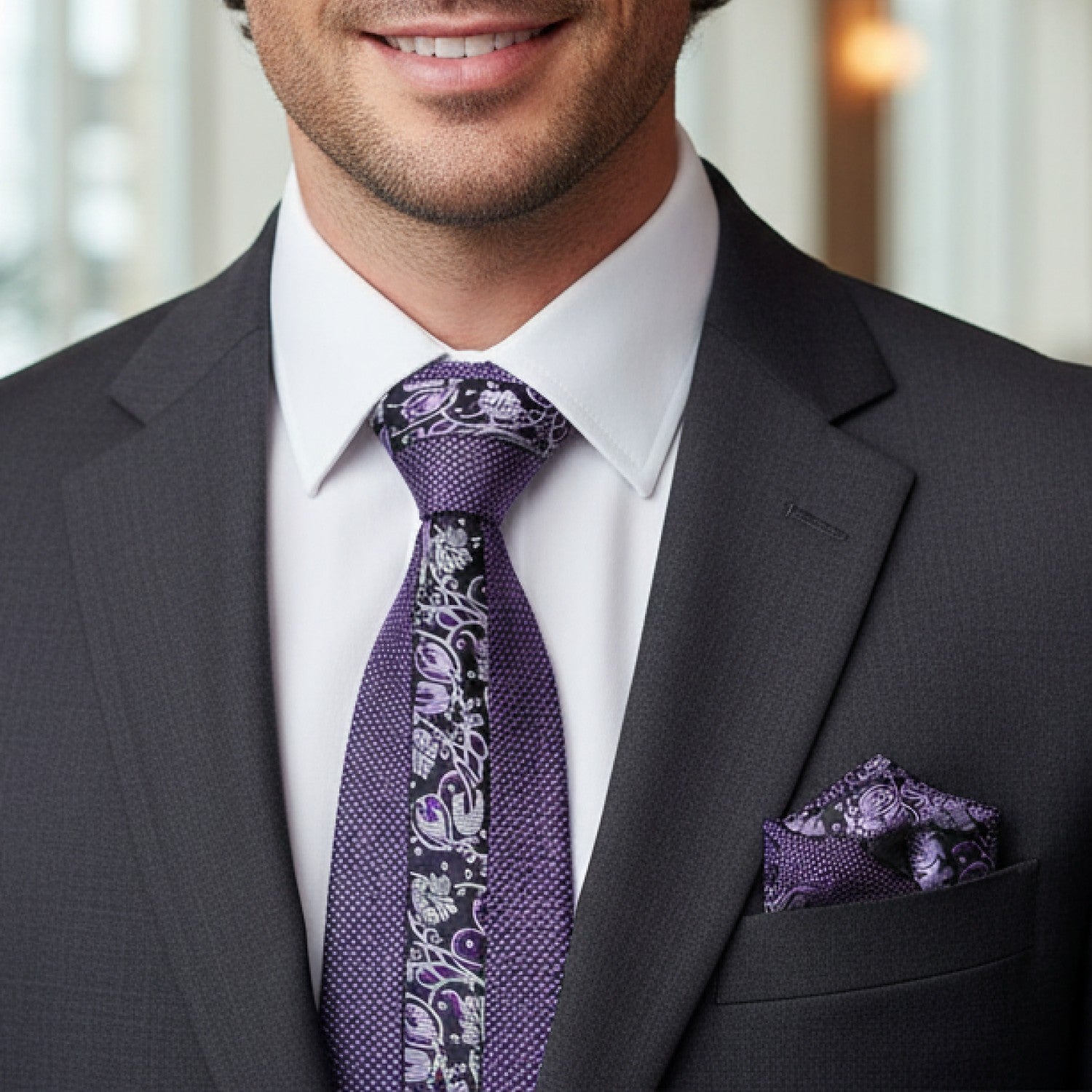 Metallic Purple & Black Floral Checkered Necktie