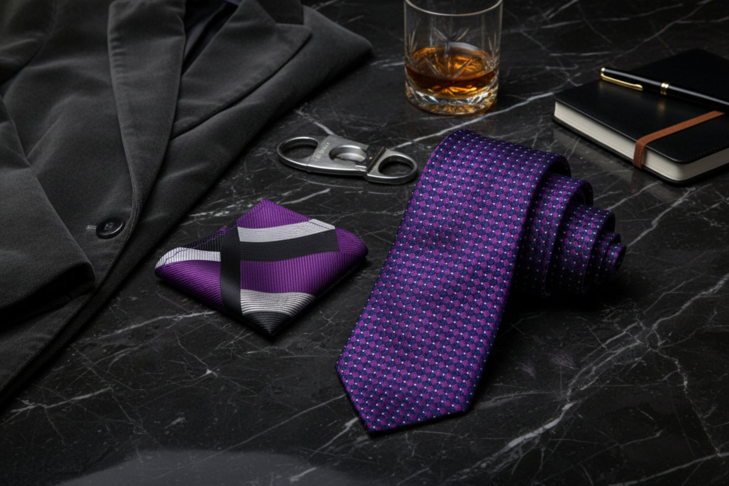 Alt View: Deep Purple Diamonds Tie and Accenting Purple, Black, Grey Abstract Pocket Square