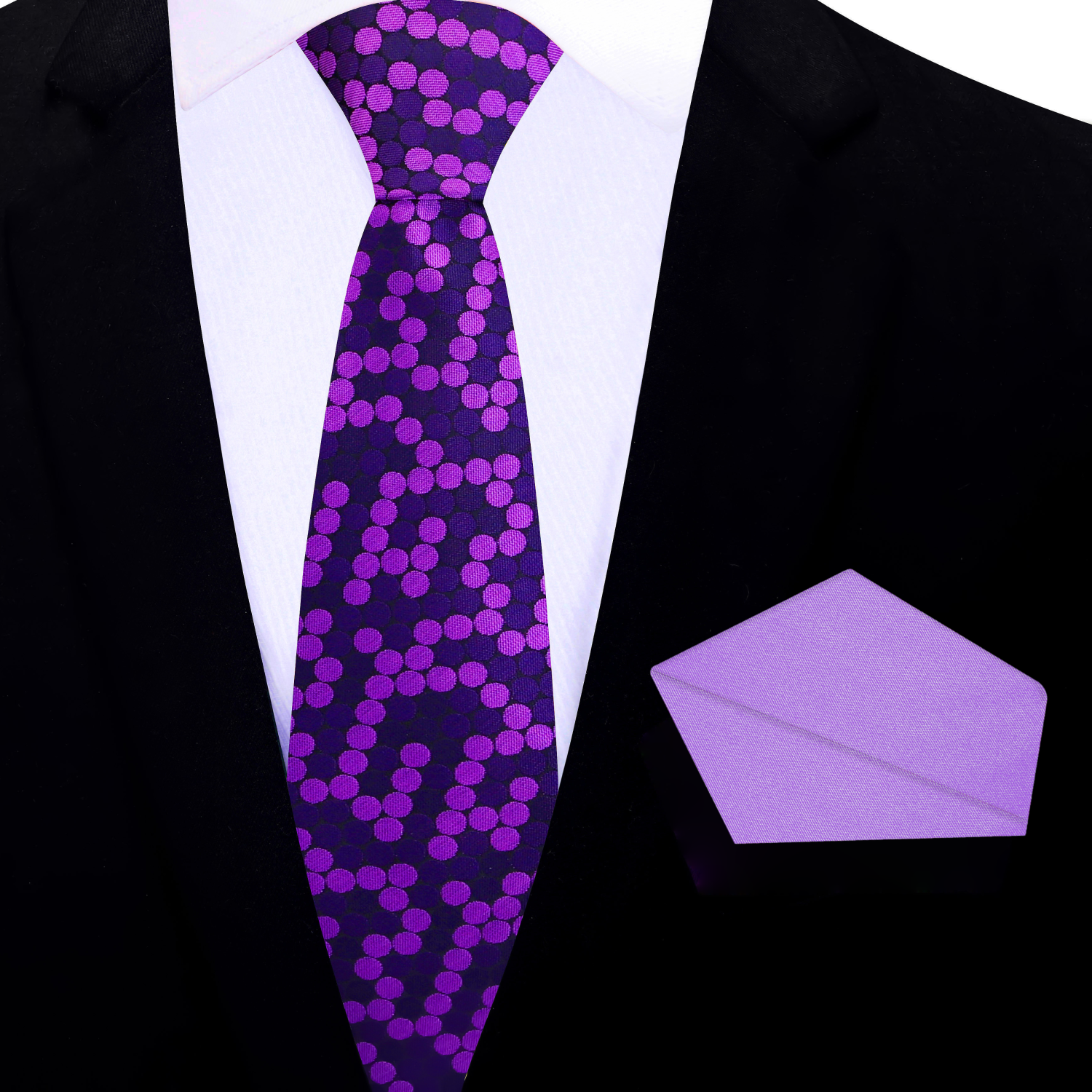 Purple polka patterned thin tie and accenting pocket square on a black suit jacket.