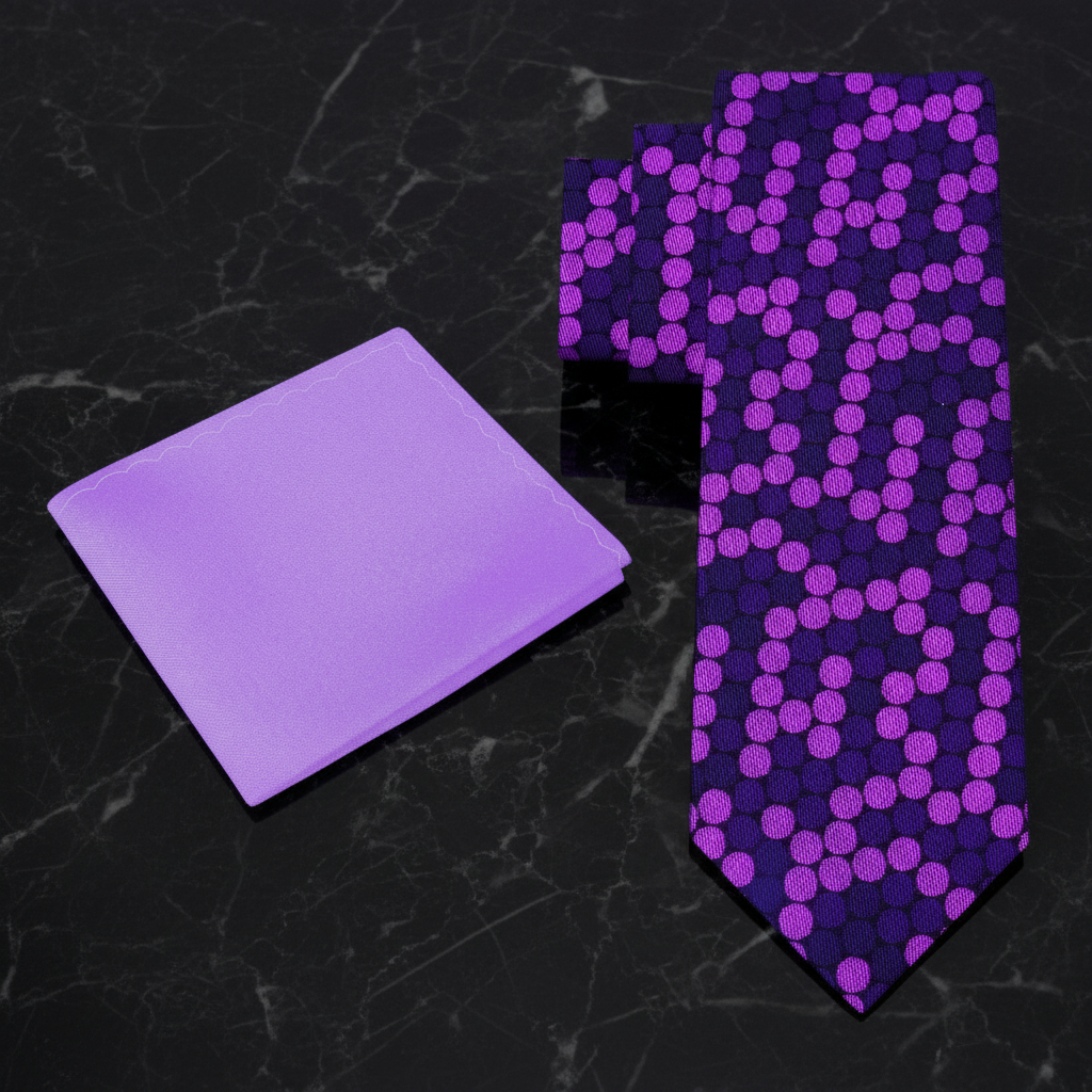 Purple polka patterned tie and accenting pocket square Alt view