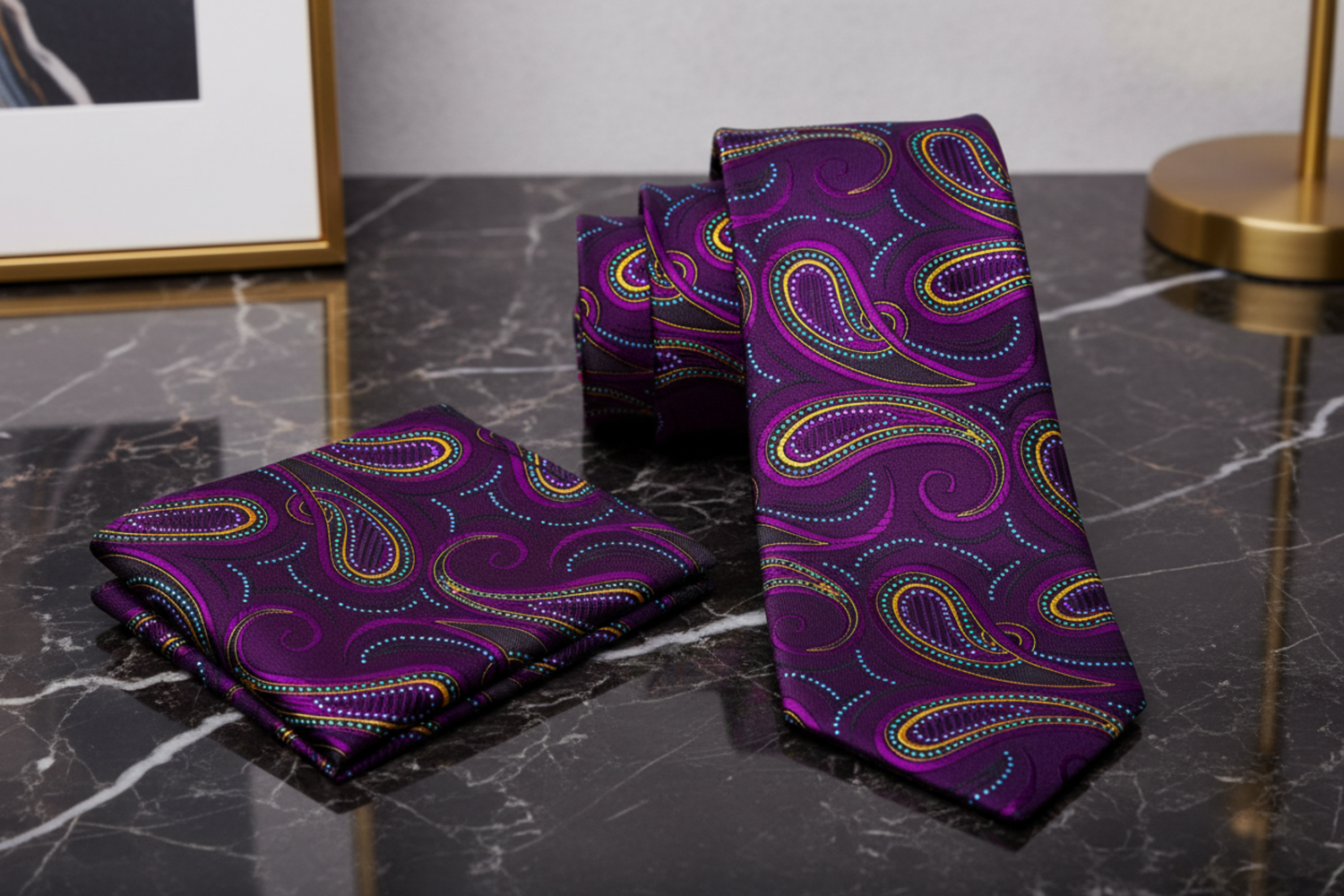 Alt View: Purple, Orange Paisley Tie and Square