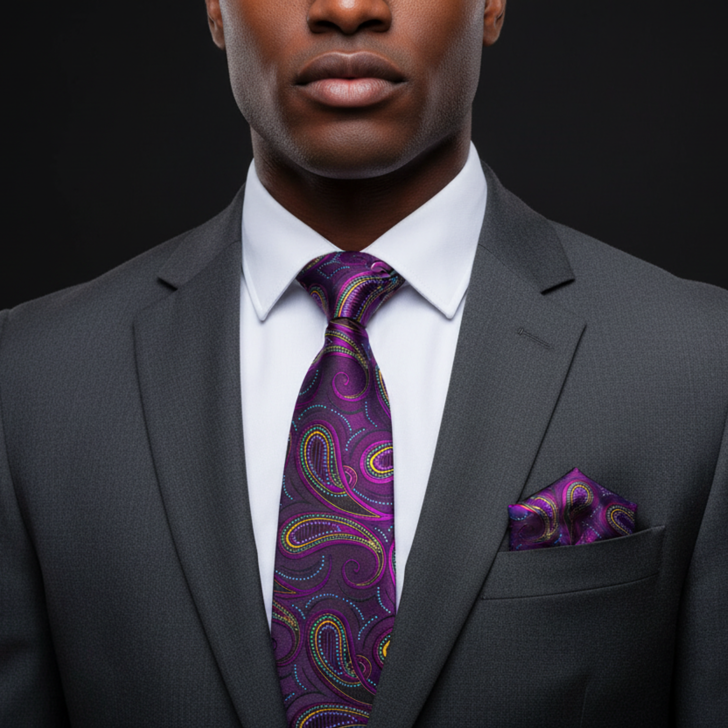 Man wearing a gray suit with a purple paisley tie and pocket square on a black background