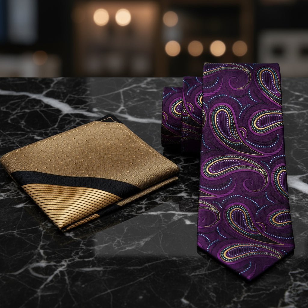 View 2: Purple Paisley Necktie with Gold and Black Pocket Square