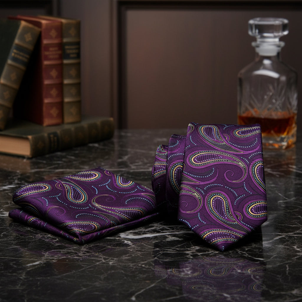 Alt View: Purple Paisley Necktie with Matching Pocket Square