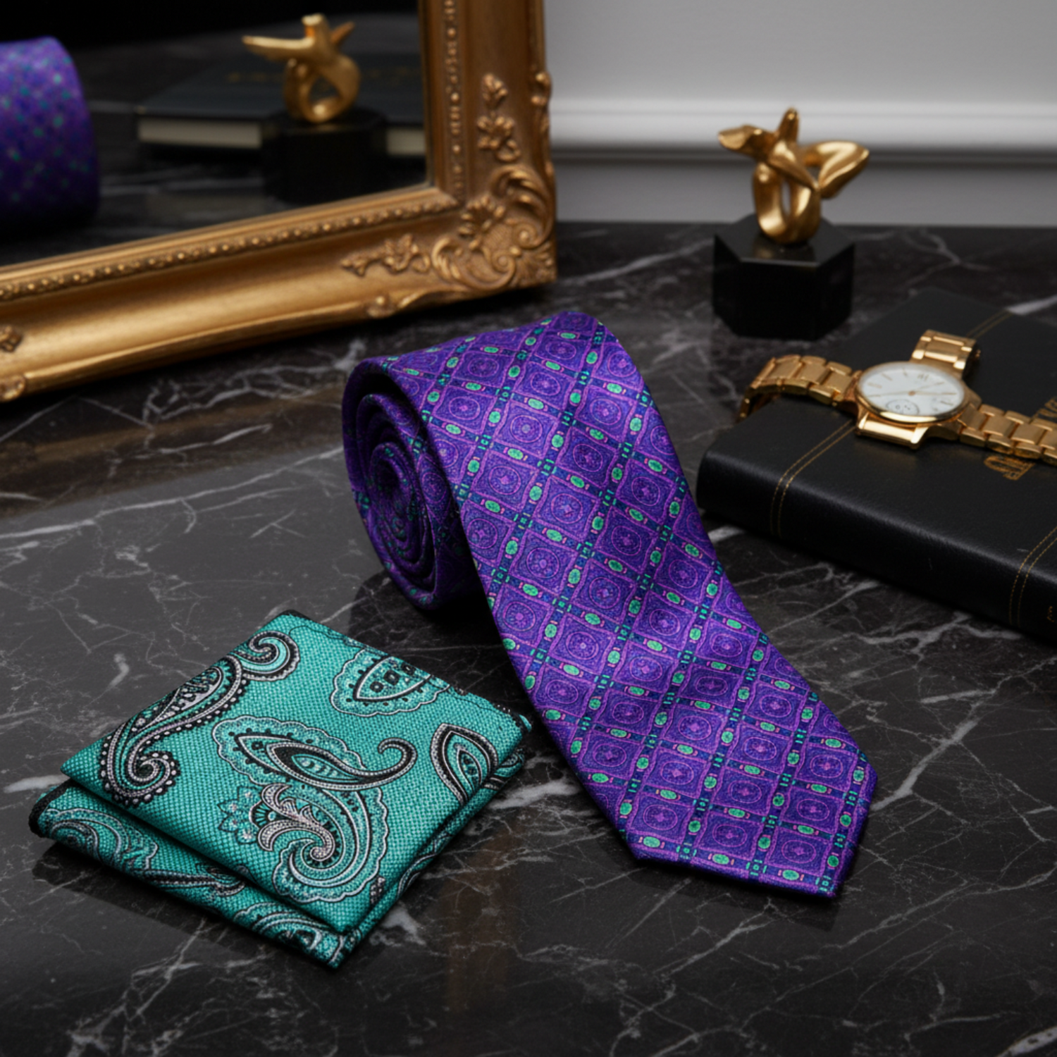 Alt View: Purple, Aqua Geometric Tie and Aqua Paisley Square