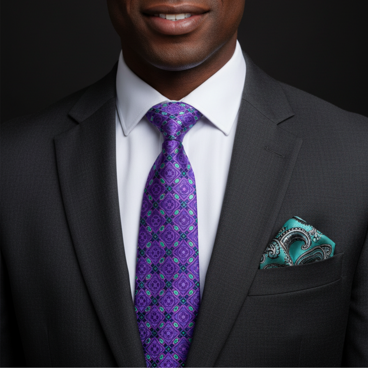 Purple Geometric Medallion Necktie with Green and Coral Accents