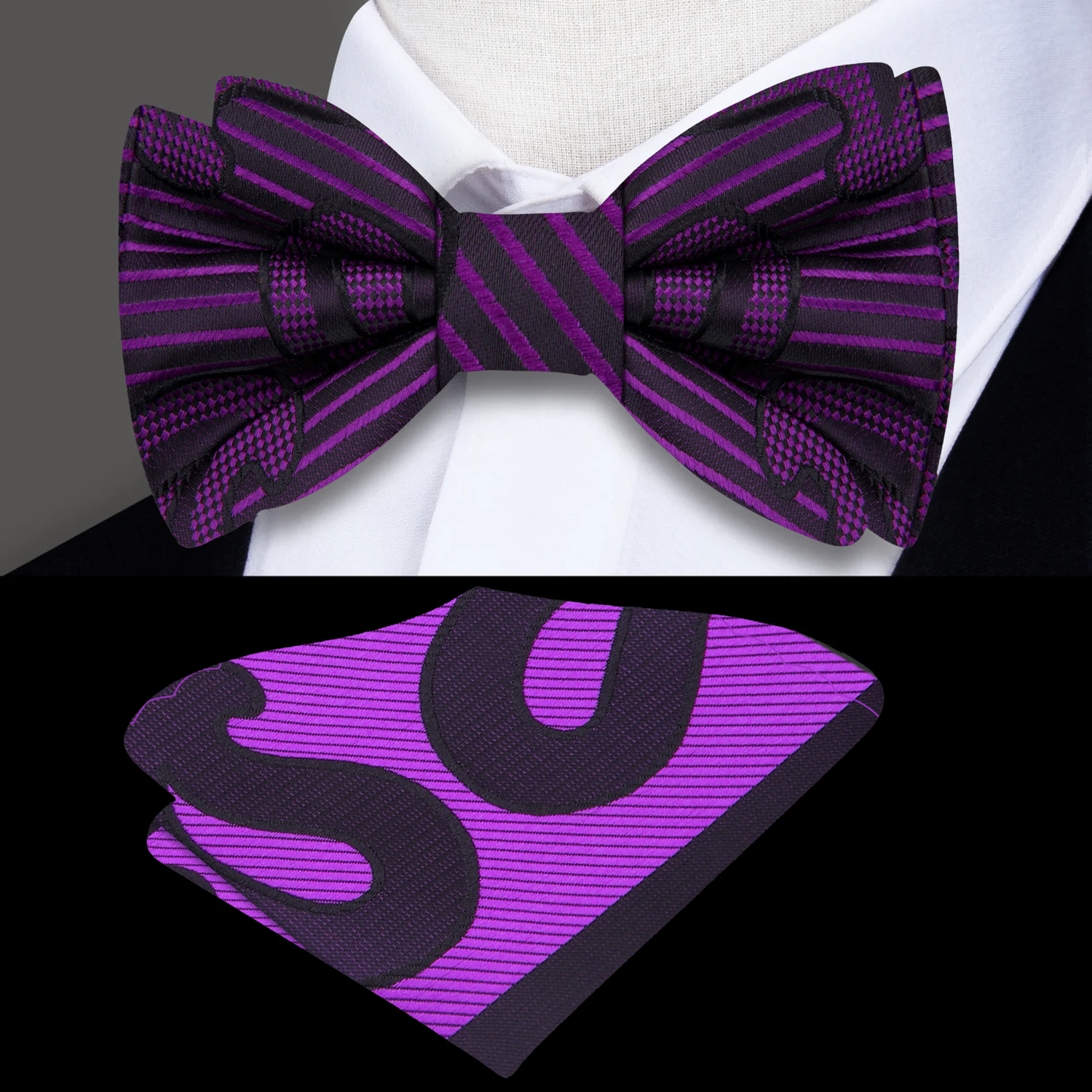 A Purple, Dark Purple, Black Paisley Pattern Self Tie Bow Tie, Matching Pocket Square
