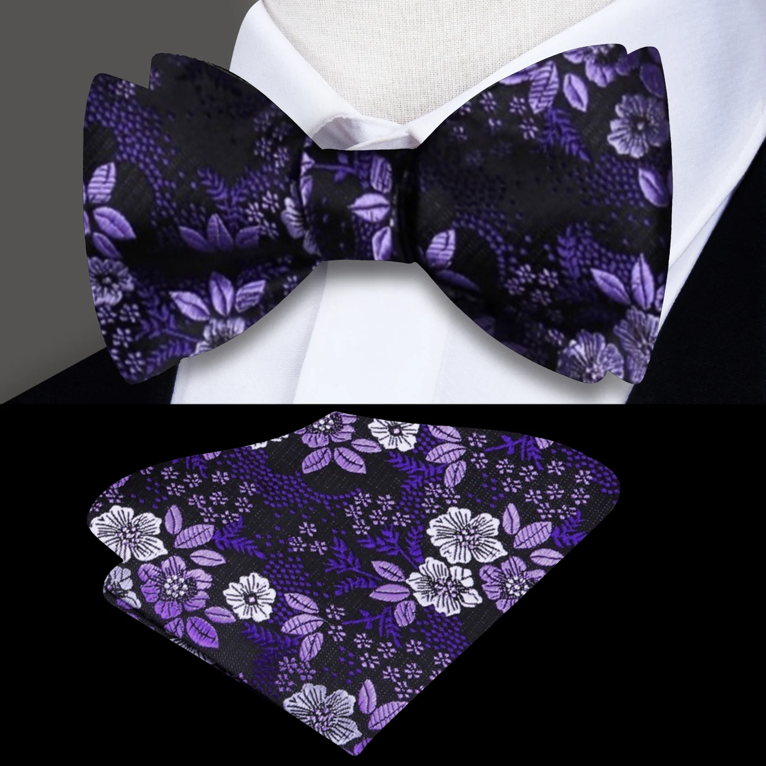 Main View: A Purple, Light Purple Detailed Flowers Pattern Silk Self Tie Bow Tie, Matching Pocket Square