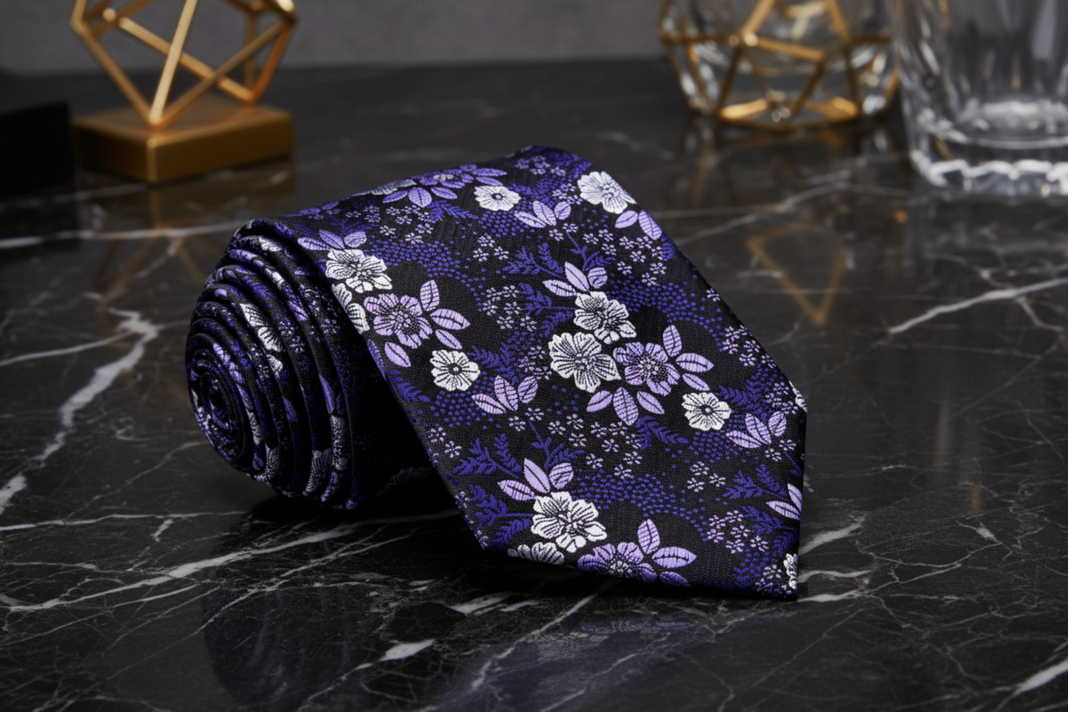 Floral patterned tie with purple and white flowers on a black background