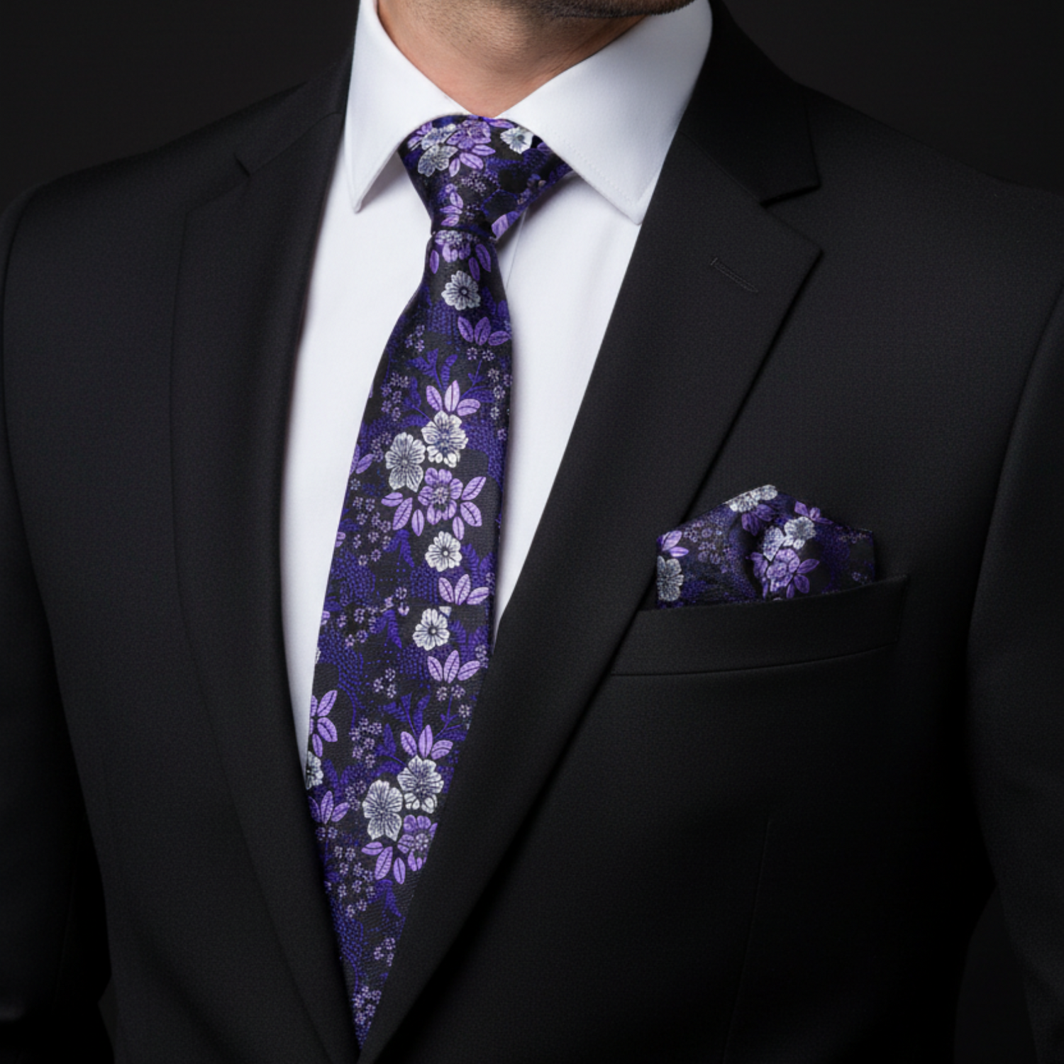 Black, Purple & White Floral Necktie