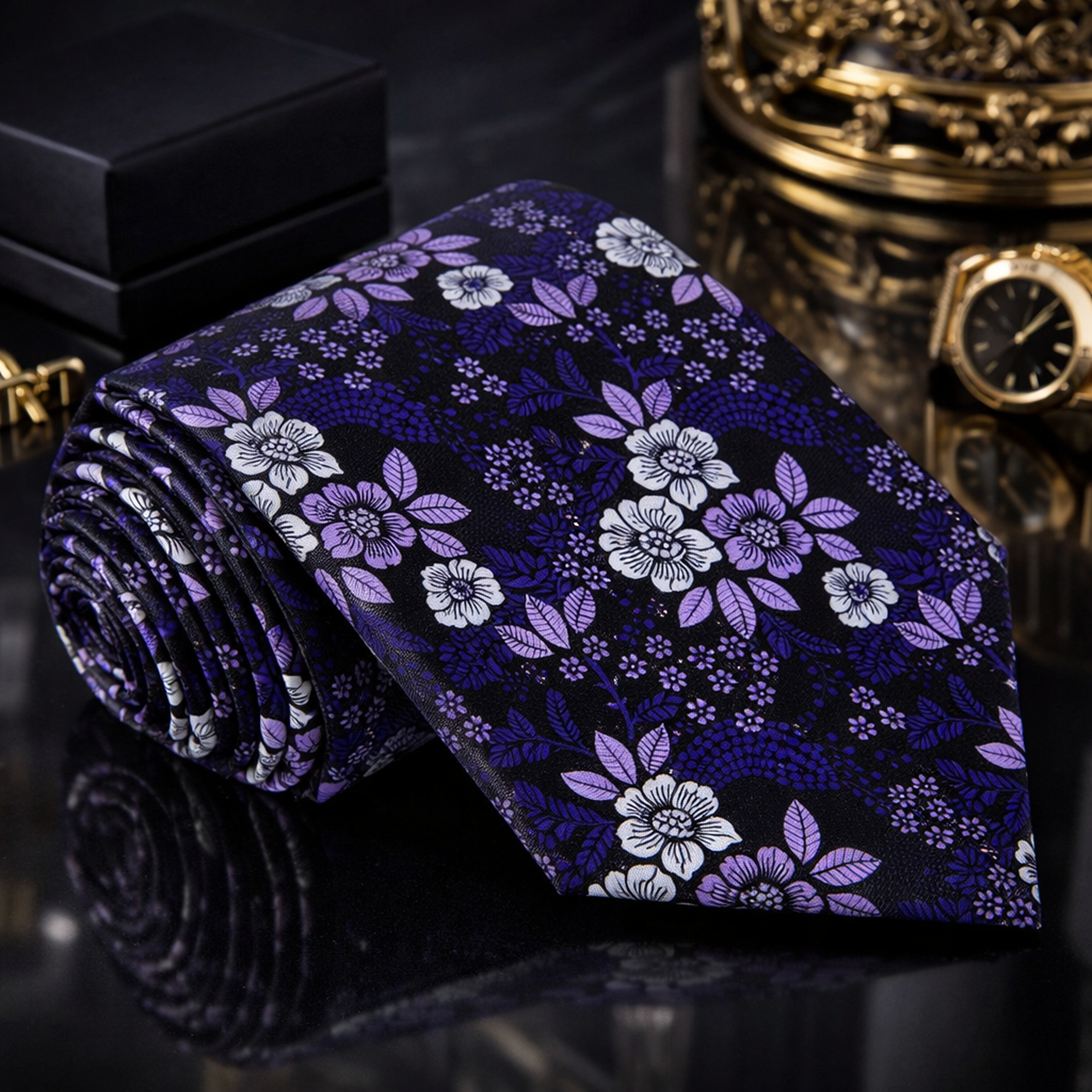 Purple Floral Tie on Luxury black marble
