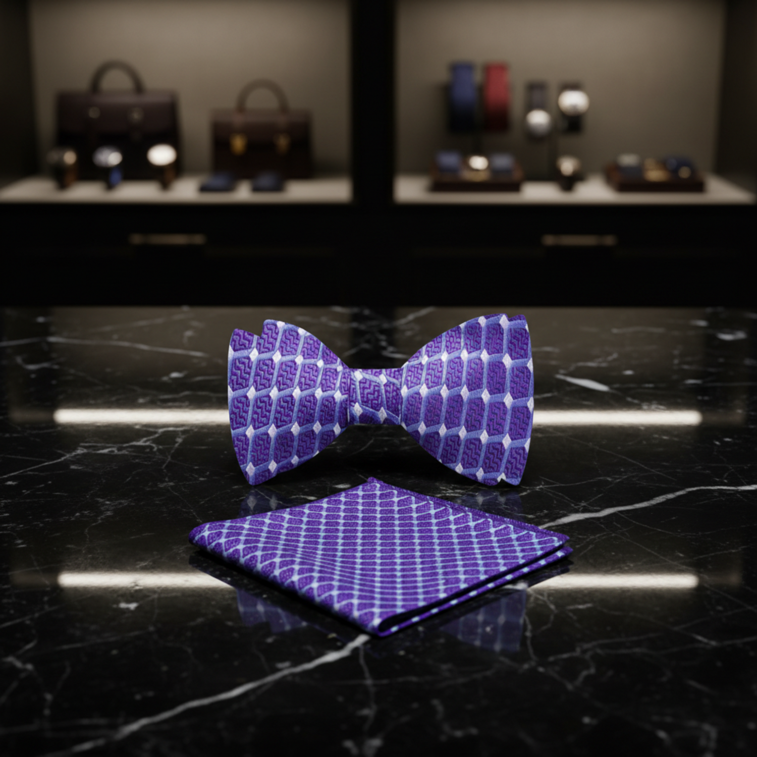 Main:Purple Geometric Bow Tie and Pocket Square