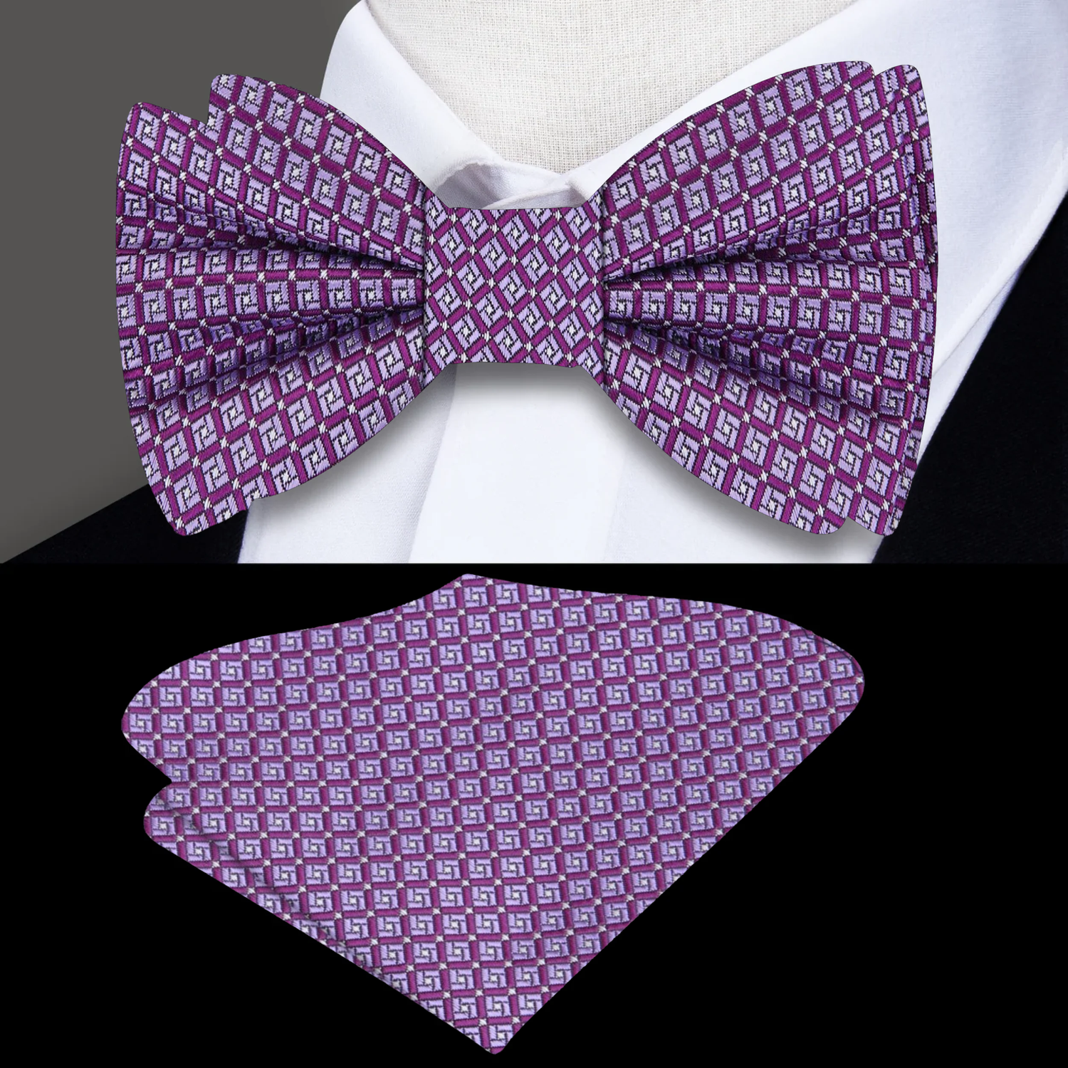 Plum, Mauve Geometric Bow Tie And Pocket Square