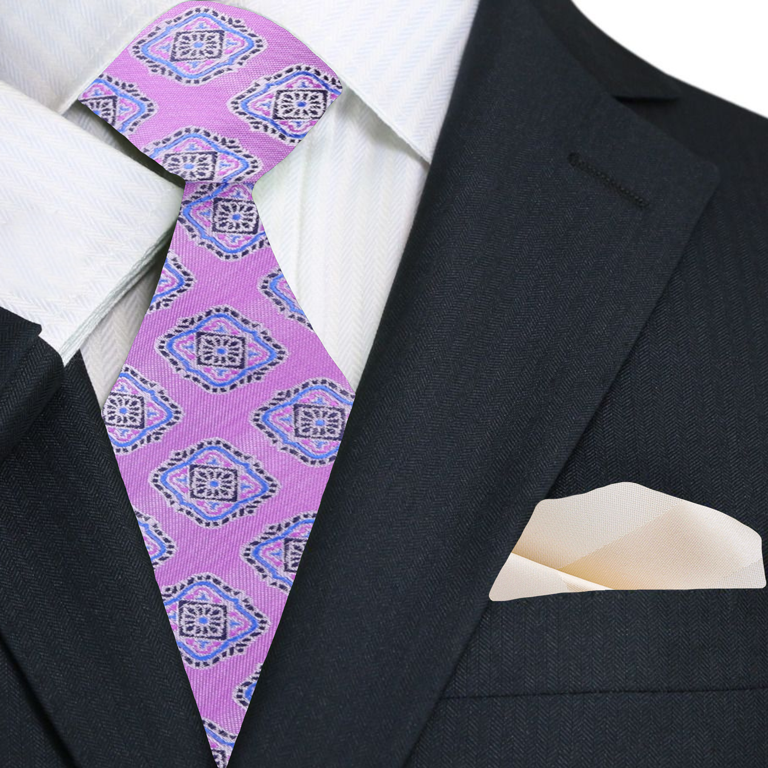 Premium Light Purple, Light Blue Medallions Necktie And Off-White Pocket Square