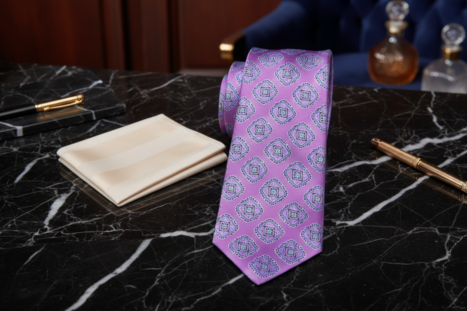 Alt Light Purple, Light Blue Medallions Necktie And Off-White Pocket Square