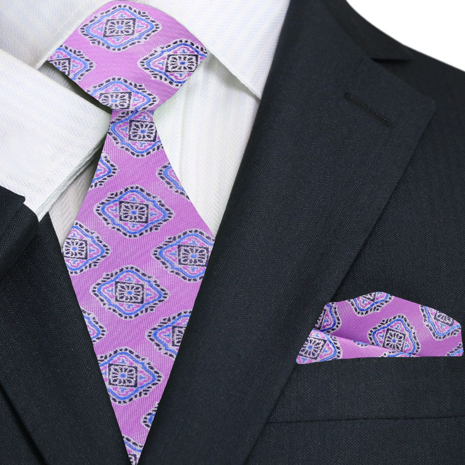 Premium Light Purple, Light Blue Medallions Necktie and Pocket Square