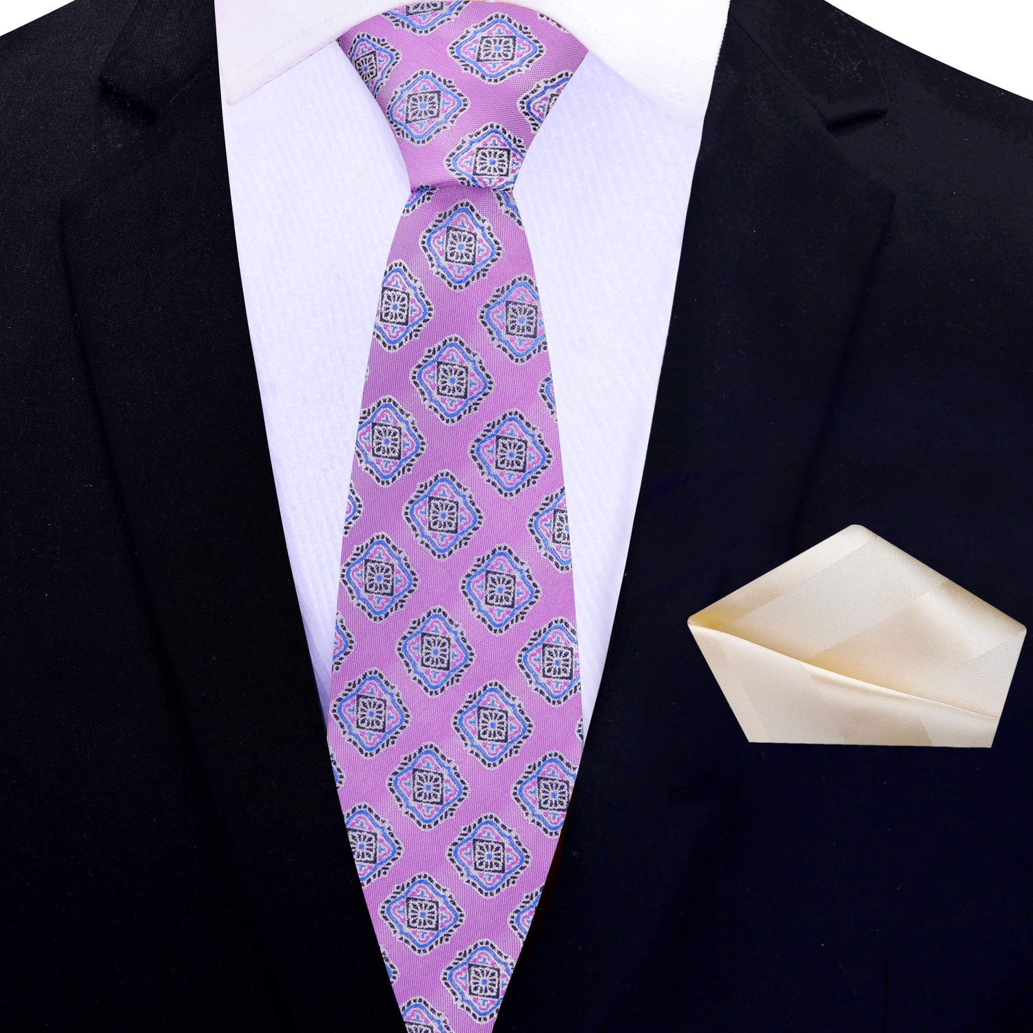 Thin Light Purple, Light Blue Medallions Necktie And Off-White Pocket Square