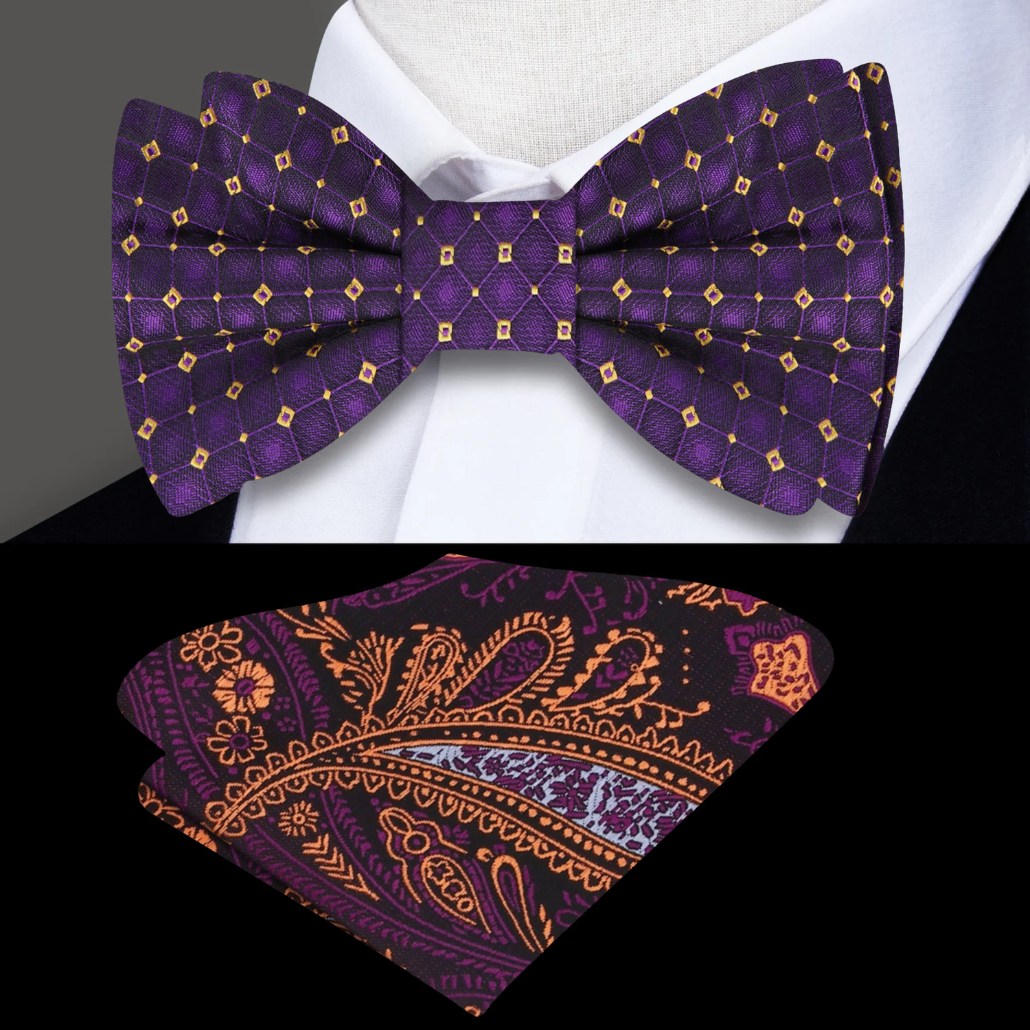 Purple and Gold Geometric Check bow Tie and Accenting Square