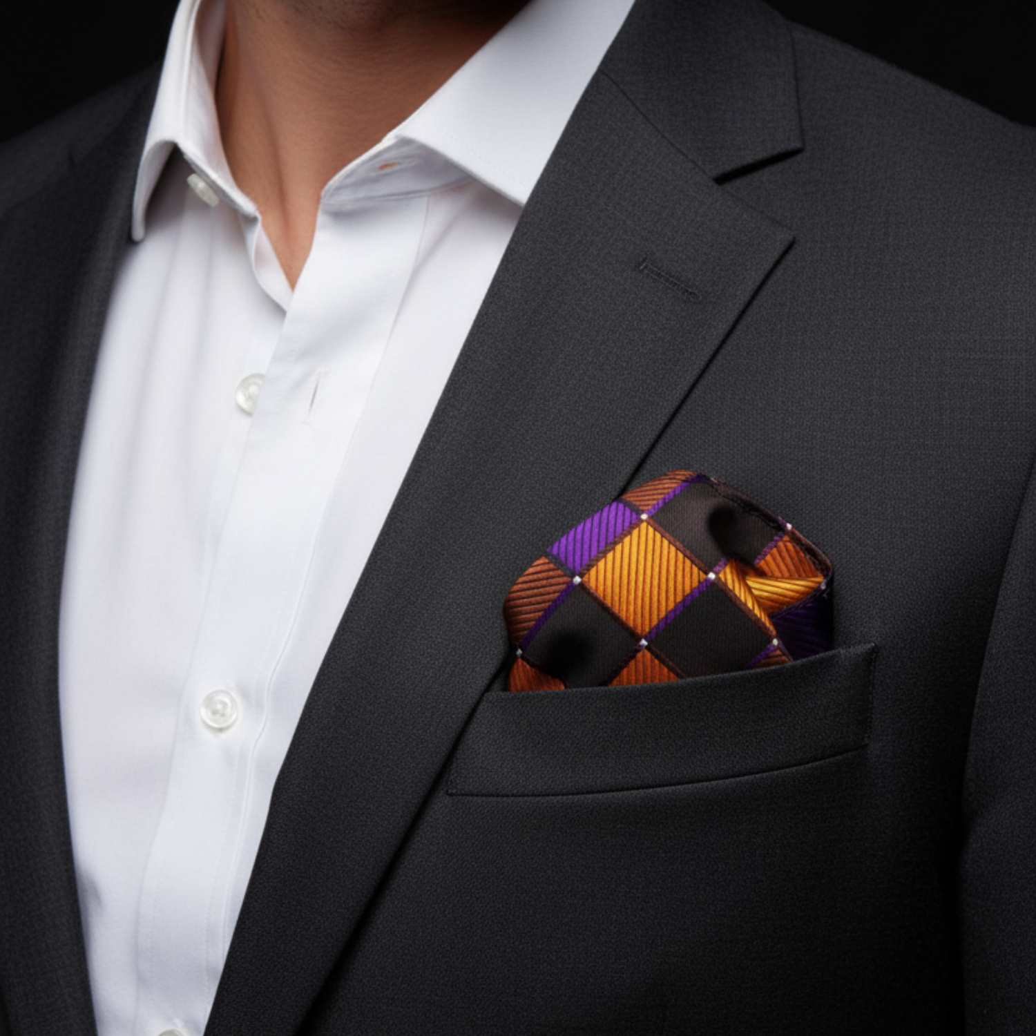 Man wearing a black suit with a patterned pocket square.
