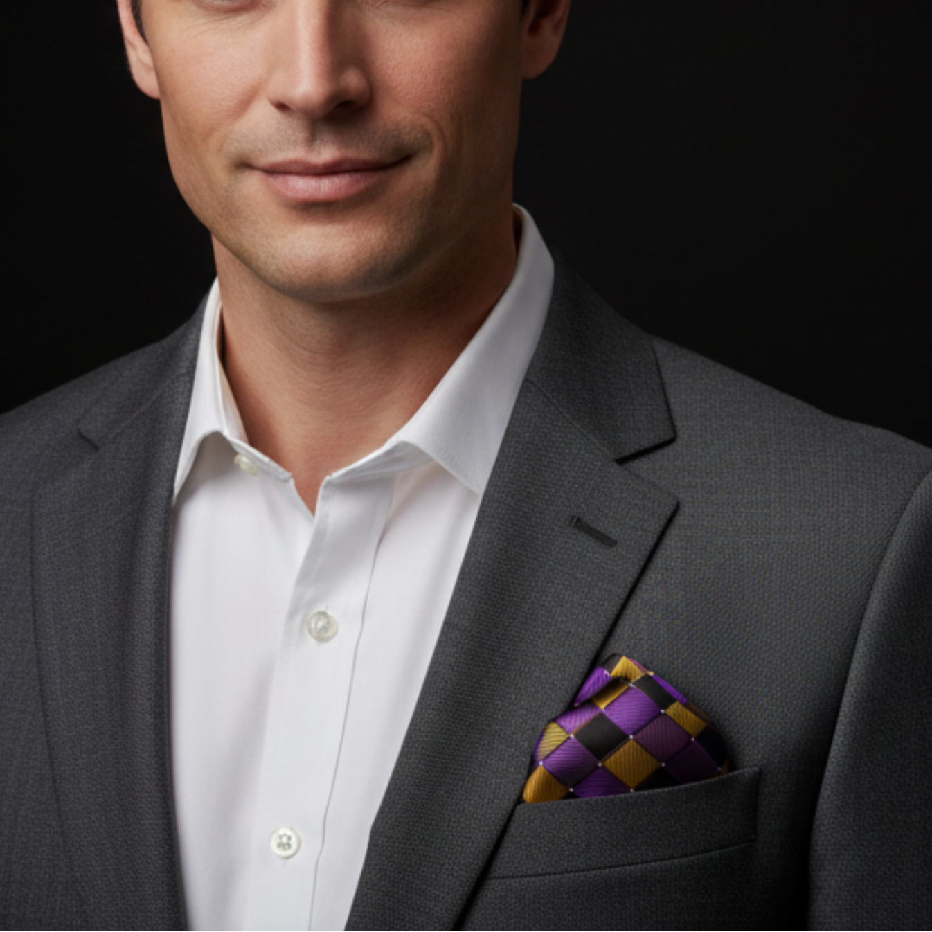 Man wearing a gray suit with a white shirt and purple checkered pocket square on a black background