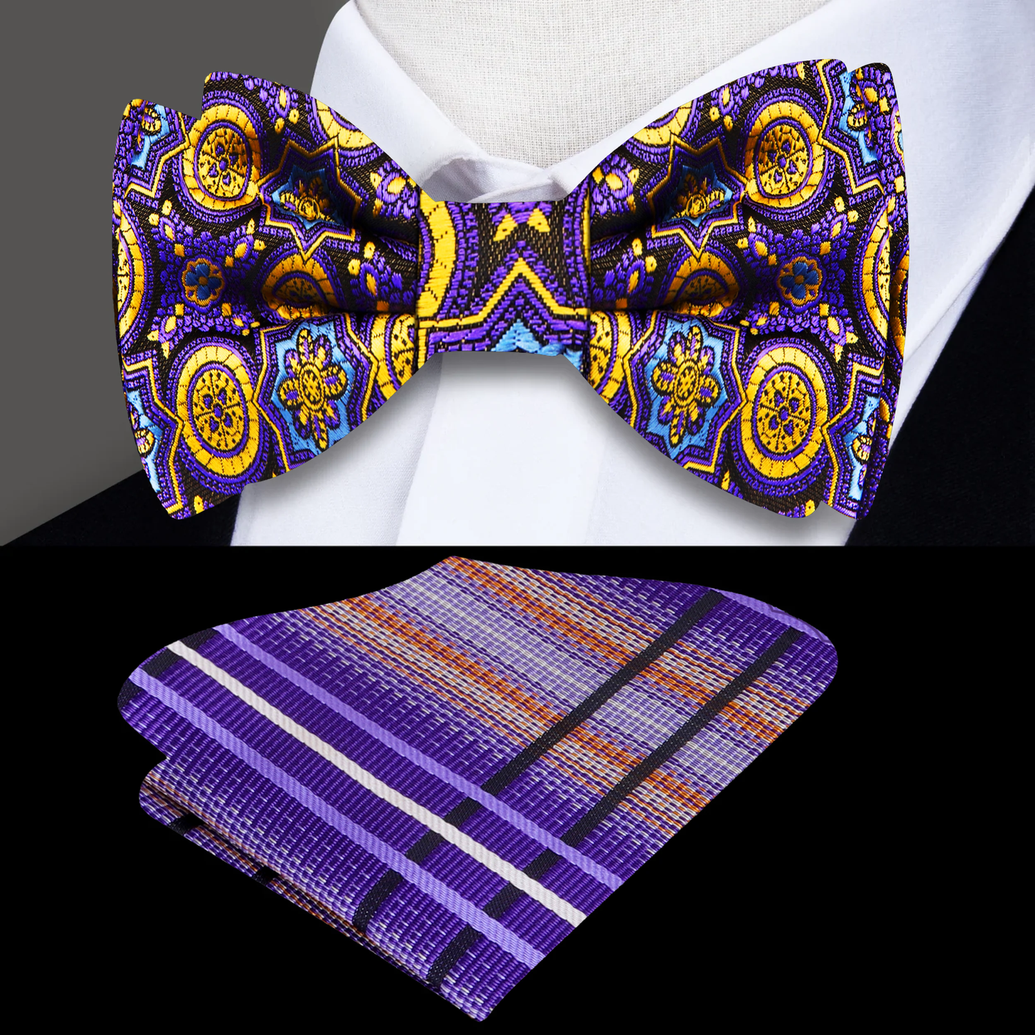 A Purple, Gold, Light Blue Abstract Shapes Pattern Self Tie Bow Tie, Accenting Pocket Square